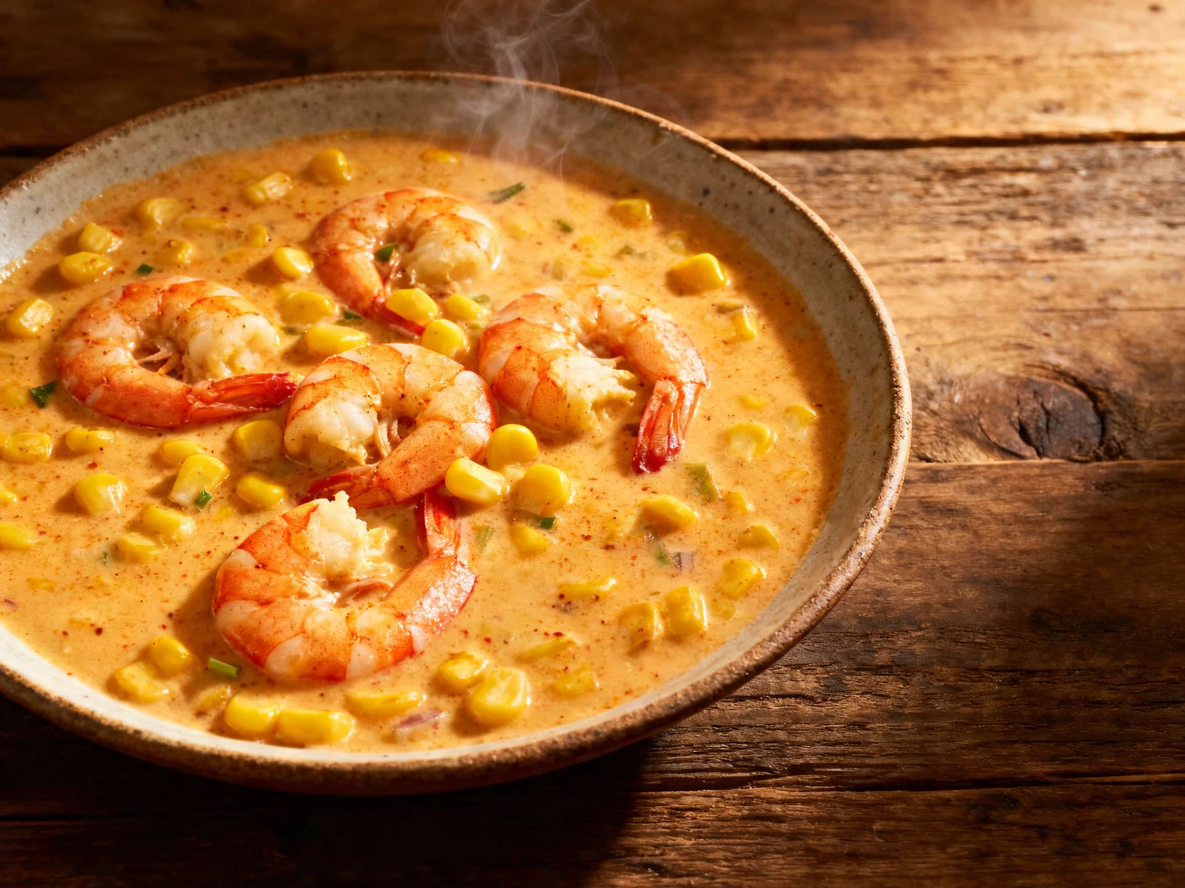 A steaming, creamy bowl of Spicy Corn and Shrimp Chowder, garnished with fresh green chives, sits on a rustic wooden table. Plump pink shrimp and bright yellow corn kernels are visible in the rich, golden broth, suggesting a hearty and flavorful meal. A basket of crusty bread is blurred in the background, hinting at a warm and inviting dining experience.