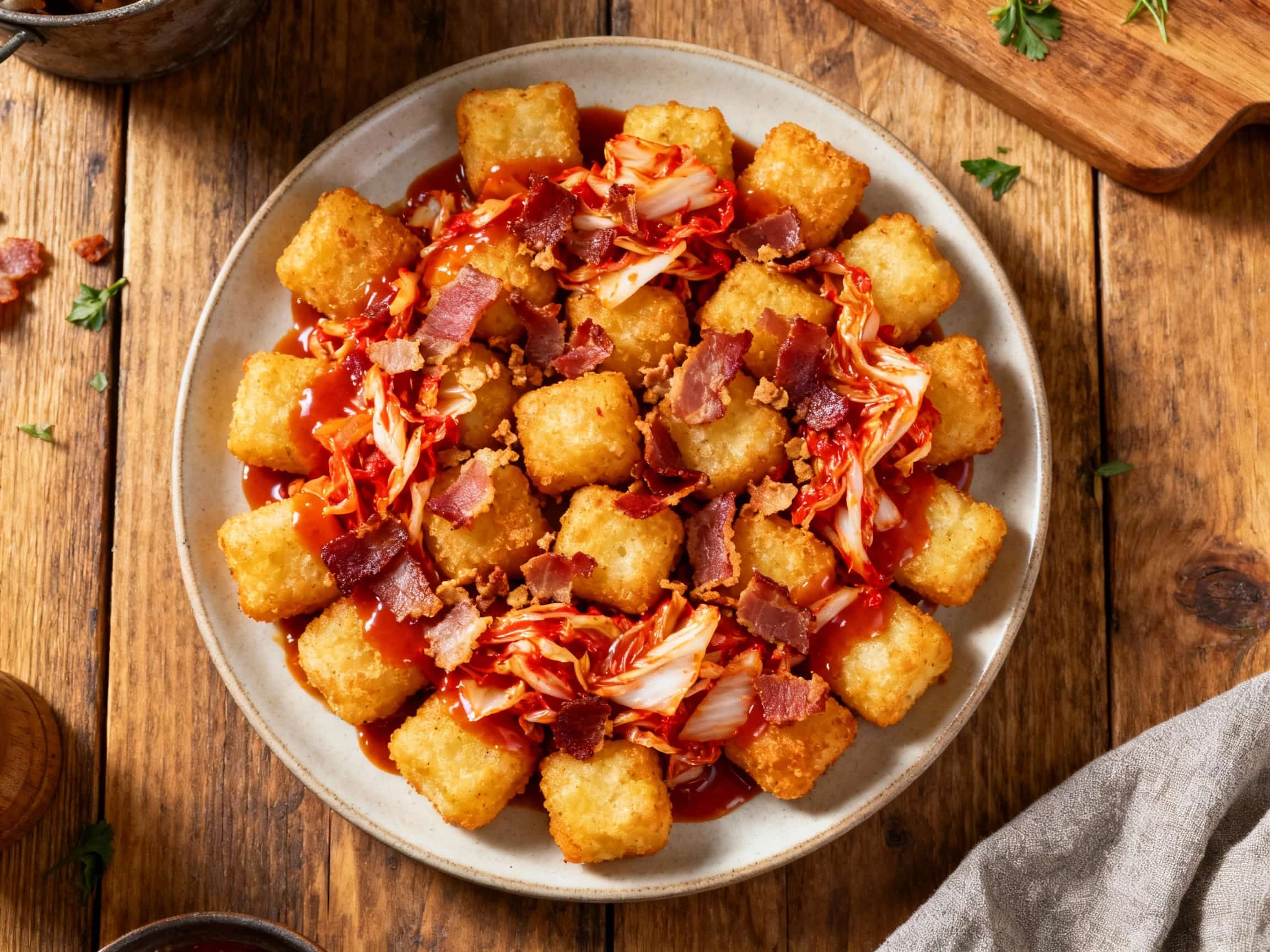 A cast-iron skillet filled to the brim with steaming, golden-brown tater tots, glistening with a vibrant red and orange kimchi-gochujang coating. Crispy bacon bits and fresh green scallions are generously sprinkled over the top, making the dish look incredibly appetizing and ready to eat. The tots are nestled together, suggesting warmth and comfort, perfect for a cozy snack or side.