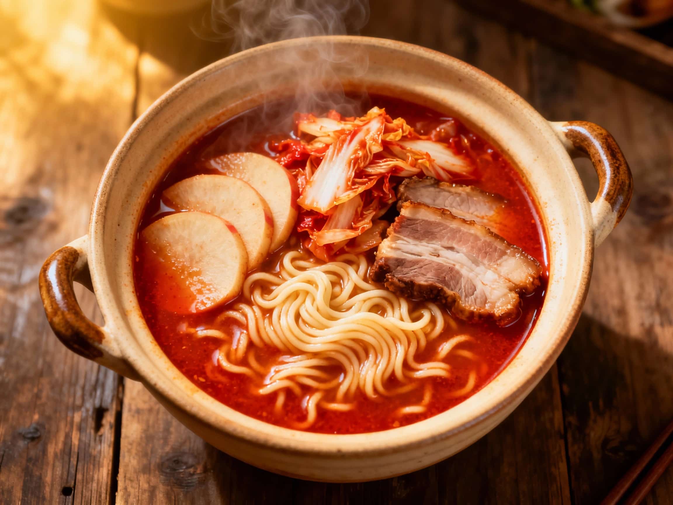 A close-up, top-down view of a steaming bowl of Spicy Kimchi Jjigae Ramen. The bowl is filled with bright red broth, ramen noodles, tender pork belly, and white silken tofu cubes. A soft-boiled egg, cut in half with a glistening yolk, is perched on top, generously garnished with sliced green scallions and a sprinkle of toasted sesame seeds. Steam rises gently from the hot soup, creating an invitin