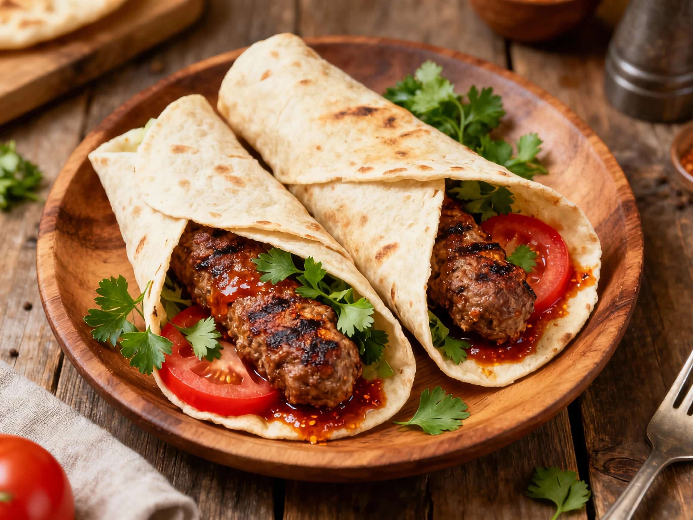 Golden-brown, spiced lamb kofta rests on a warm flatbread, topped with a vibrant mix of fresh herbs, chopped tomatoes, and a dollop of creamy yogurt sauce, ready to be wrapped and enjoyed.