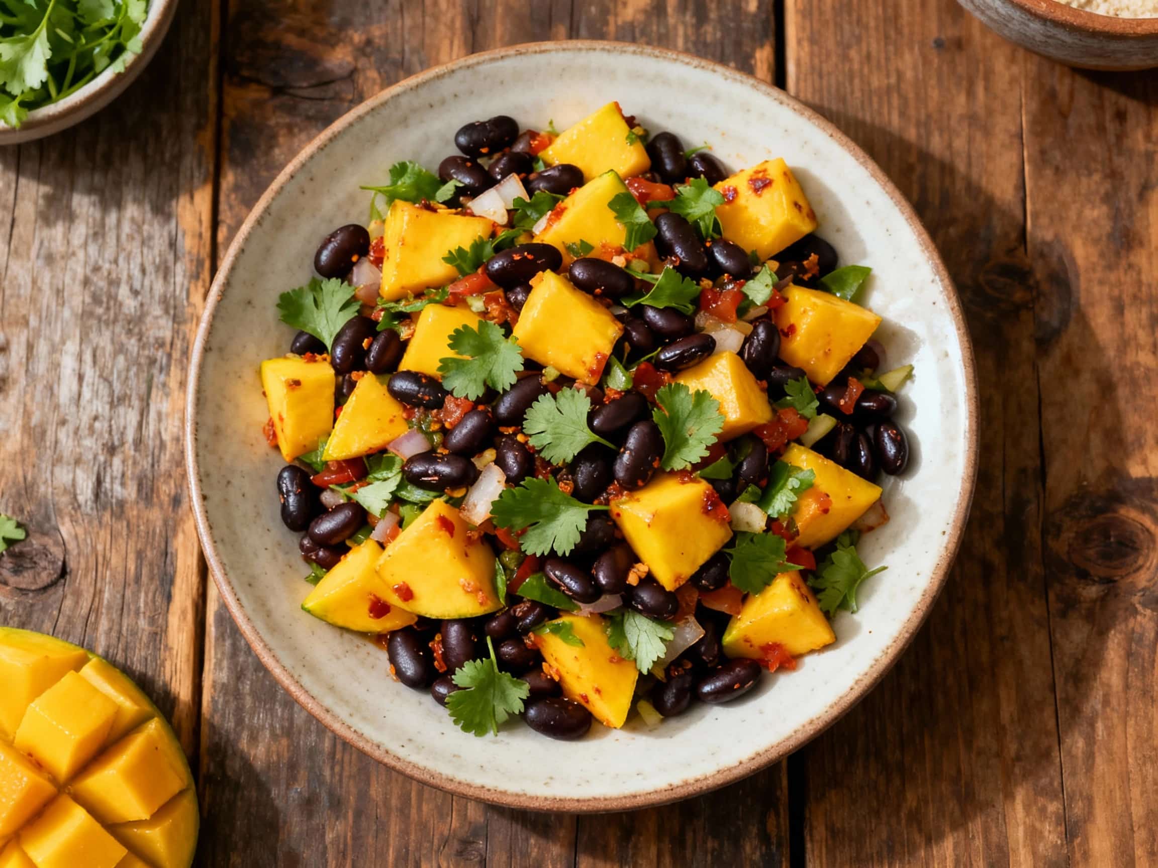 A vibrant, colorful salad featuring ripe mango chunks and glossy black beans tossed with chopped cilantro and red onion, all glistening under warm lighting.