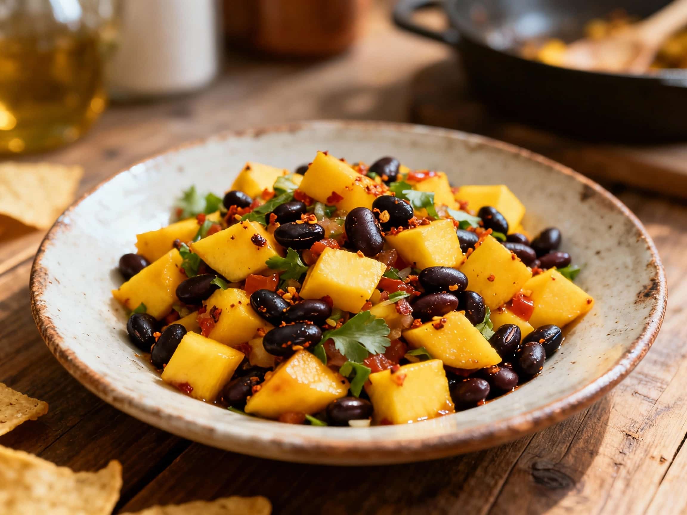 A rustic ceramic bowl on a light wooden table filled with a vibrant spicy mango and black bean salsa. The salsa features chunks of juicy yellow mango, dark black beans, thinly sliced red onion, finely chopped green cilantro, and small pieces of bright green jalapeño. The surface of the salsa glistens subtly from the lime dressing, highlighting the freshness of the ingredients. It appears refreshin