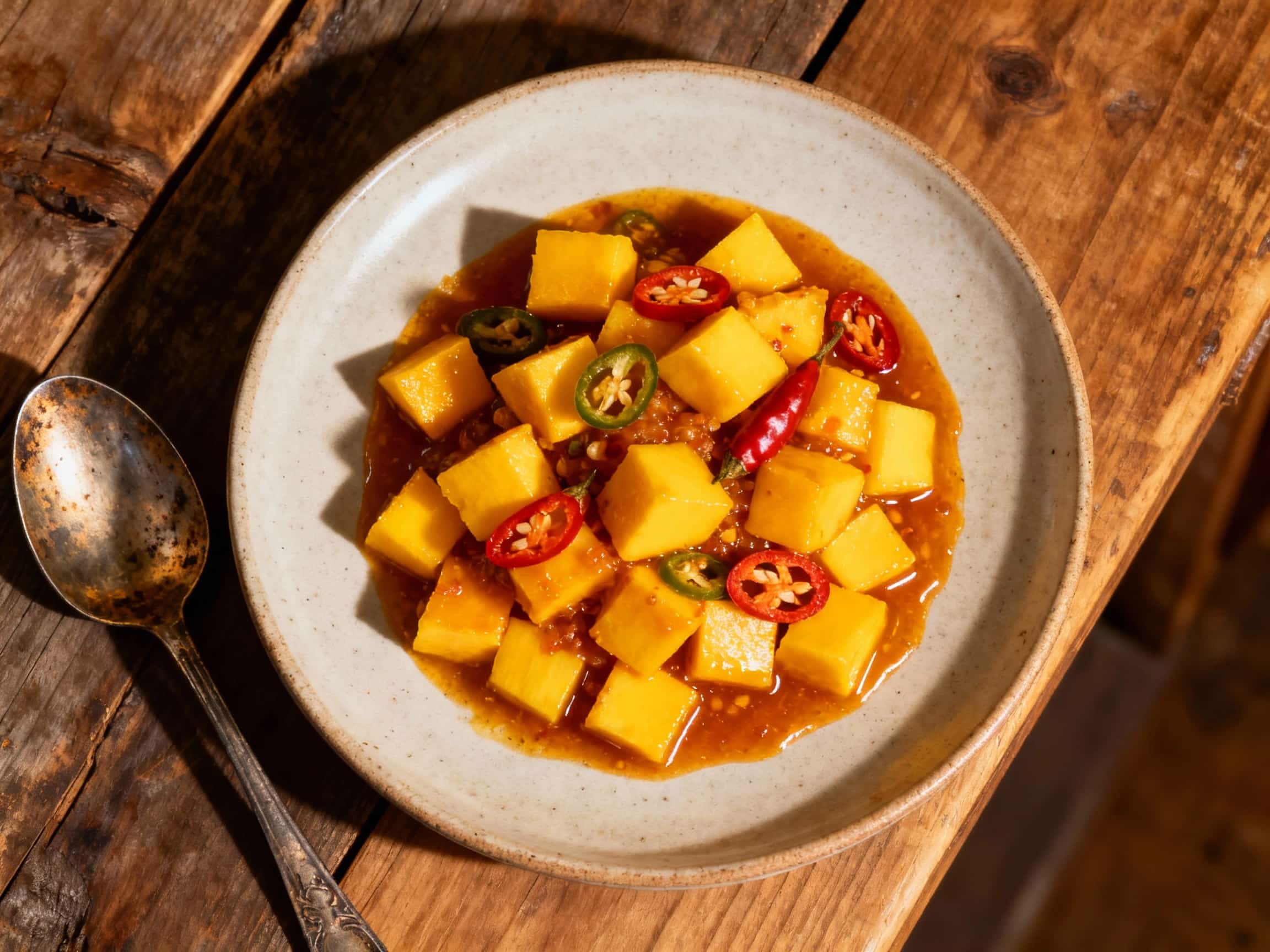 A vibrant shot glass overflows with a bright orange mango puree, topped with a sprinkle of red chili flakes and a tiny mint leaf, catching the light beautifully.