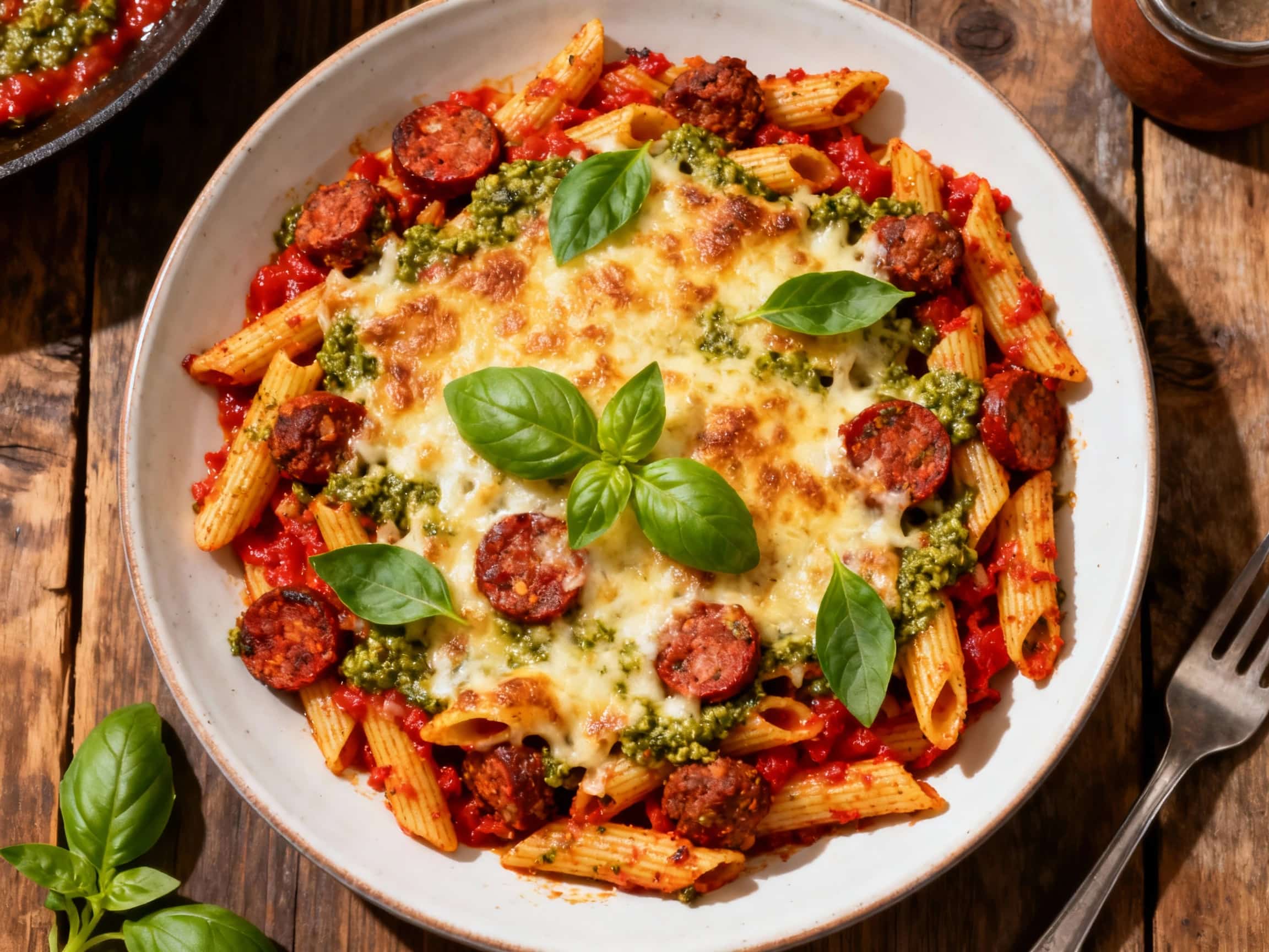A steaming, golden-brown chorizo and pesto pasta bake is generously topped with melted mozzarella and fresh parsley, creating a comforting and inviting dish.