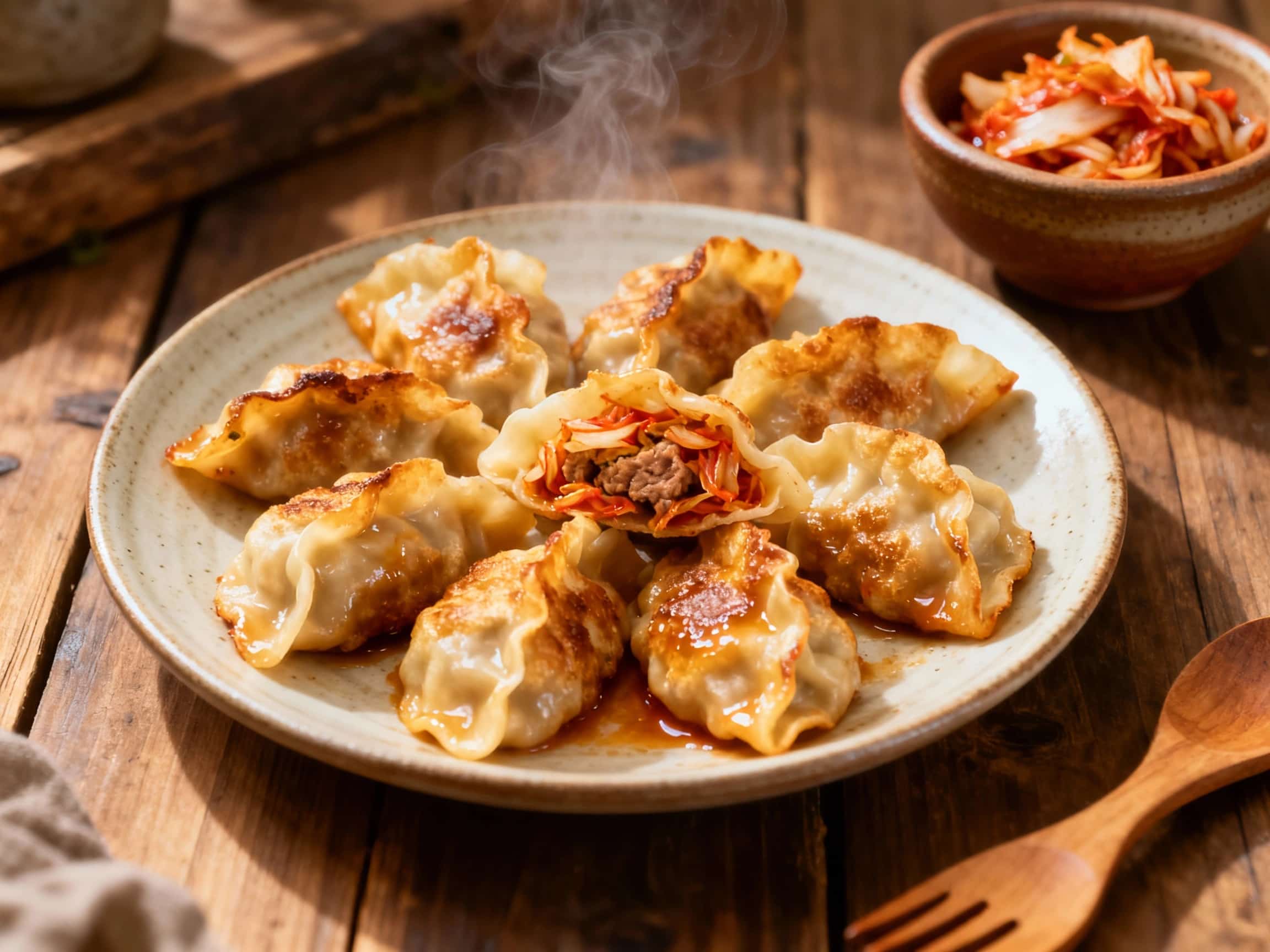 Golden-brown pan-fried gyoza are piled high on a rustic plate, their bottoms crisp and tops tender, revealing a spicy pork and kimchi filling, garnished with fresh green scallions.