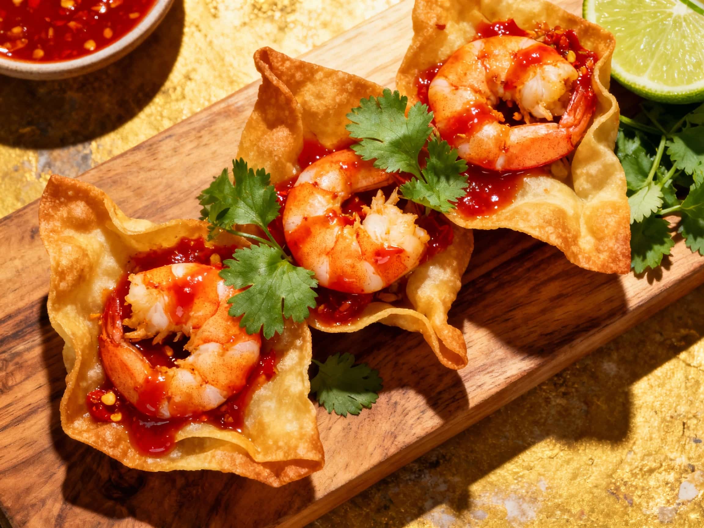 Plump shrimp wontons, glistening with chili oil and vibrant green herbs, are artfully arranged in a shallow bowl, ready to be enjoyed.