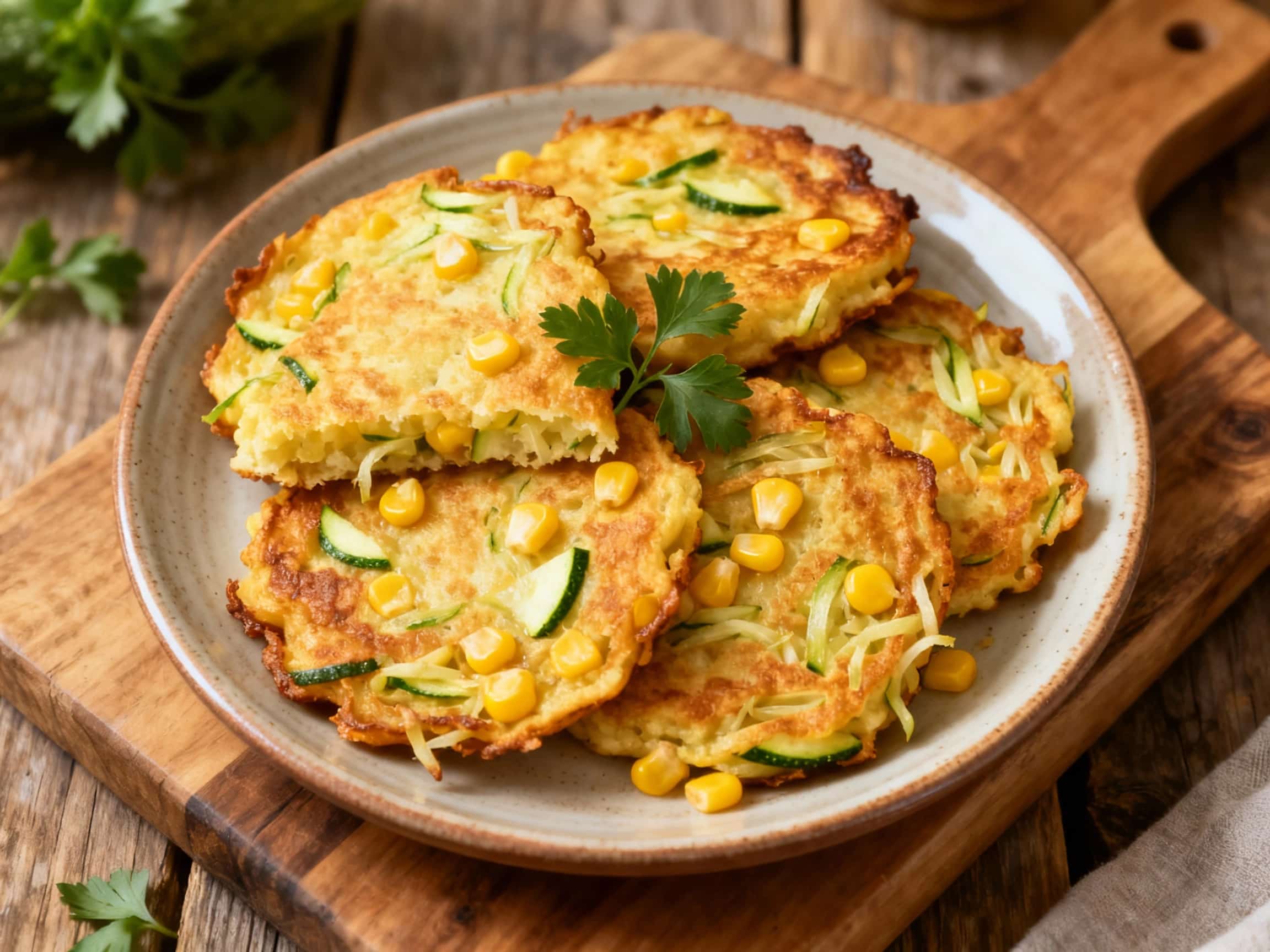 Golden-brown zucchini and corn fritters, lightly crisp on the edges, are stacked invitingly and topped with fresh dill and a dollop of cooling sour cream.