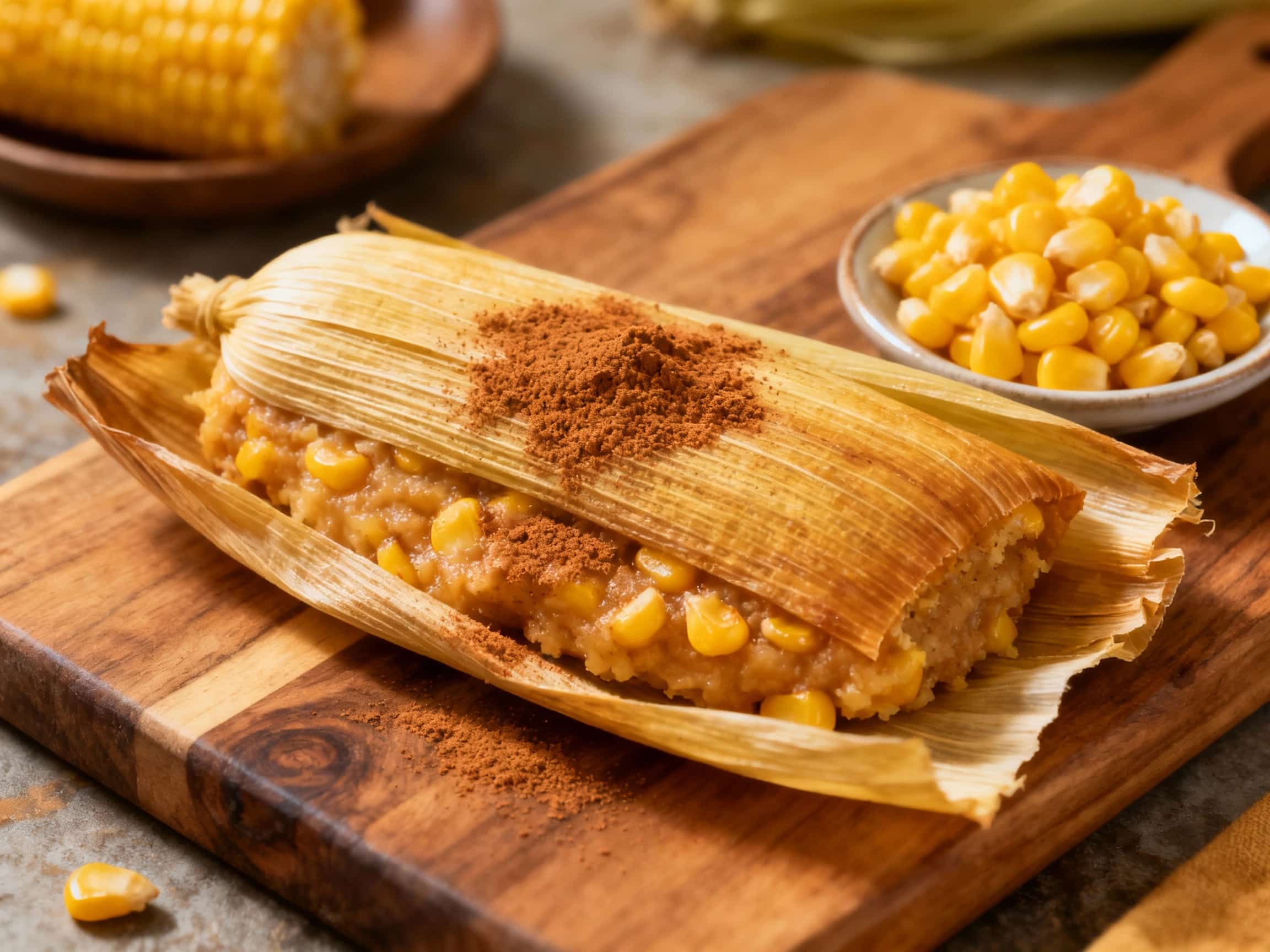 Steaming sweet corn tamales, their masa dough golden and tender, are artfully arranged on a rustic wooden board, dusted with a delicate cinnamon sugar blend.