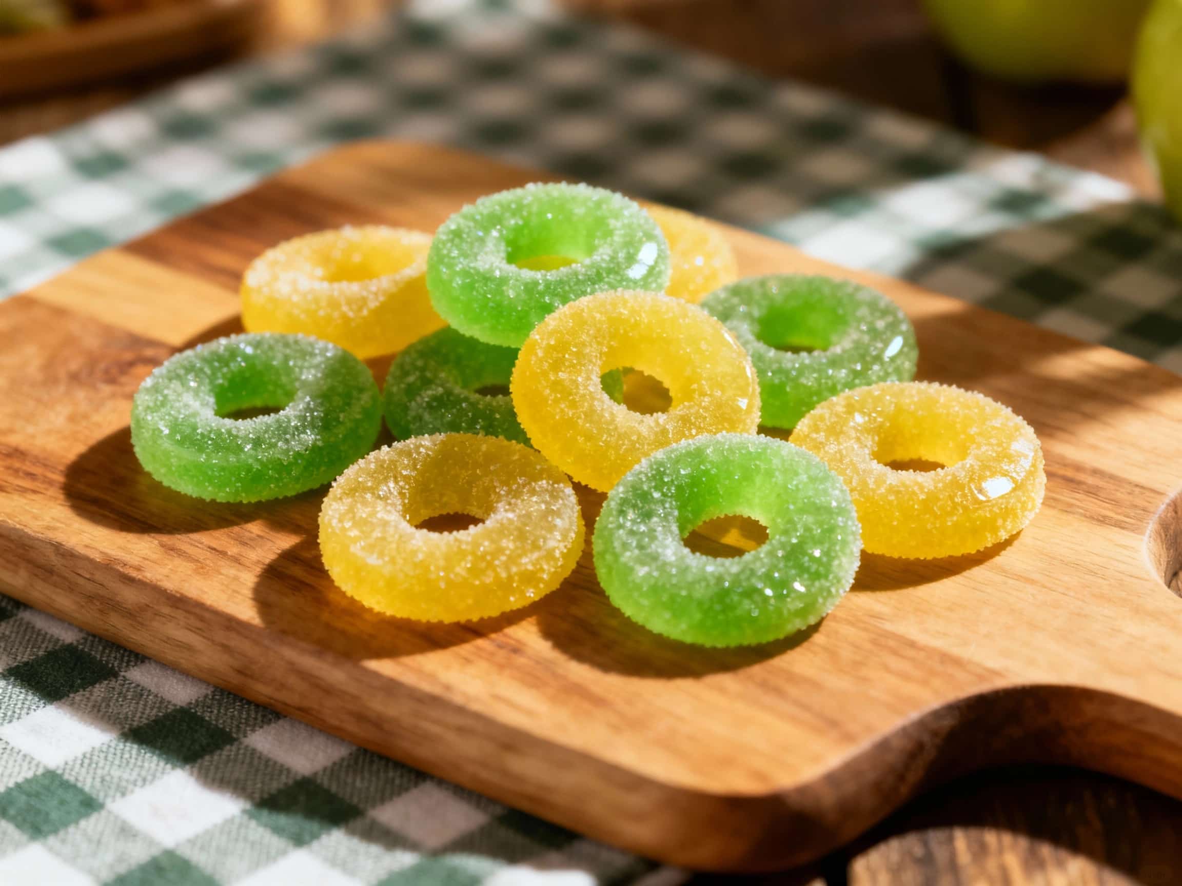Glistening sour apple gummy rings are artfully arranged on a white platter, catching the light and inviting a sweet and tangy bite.