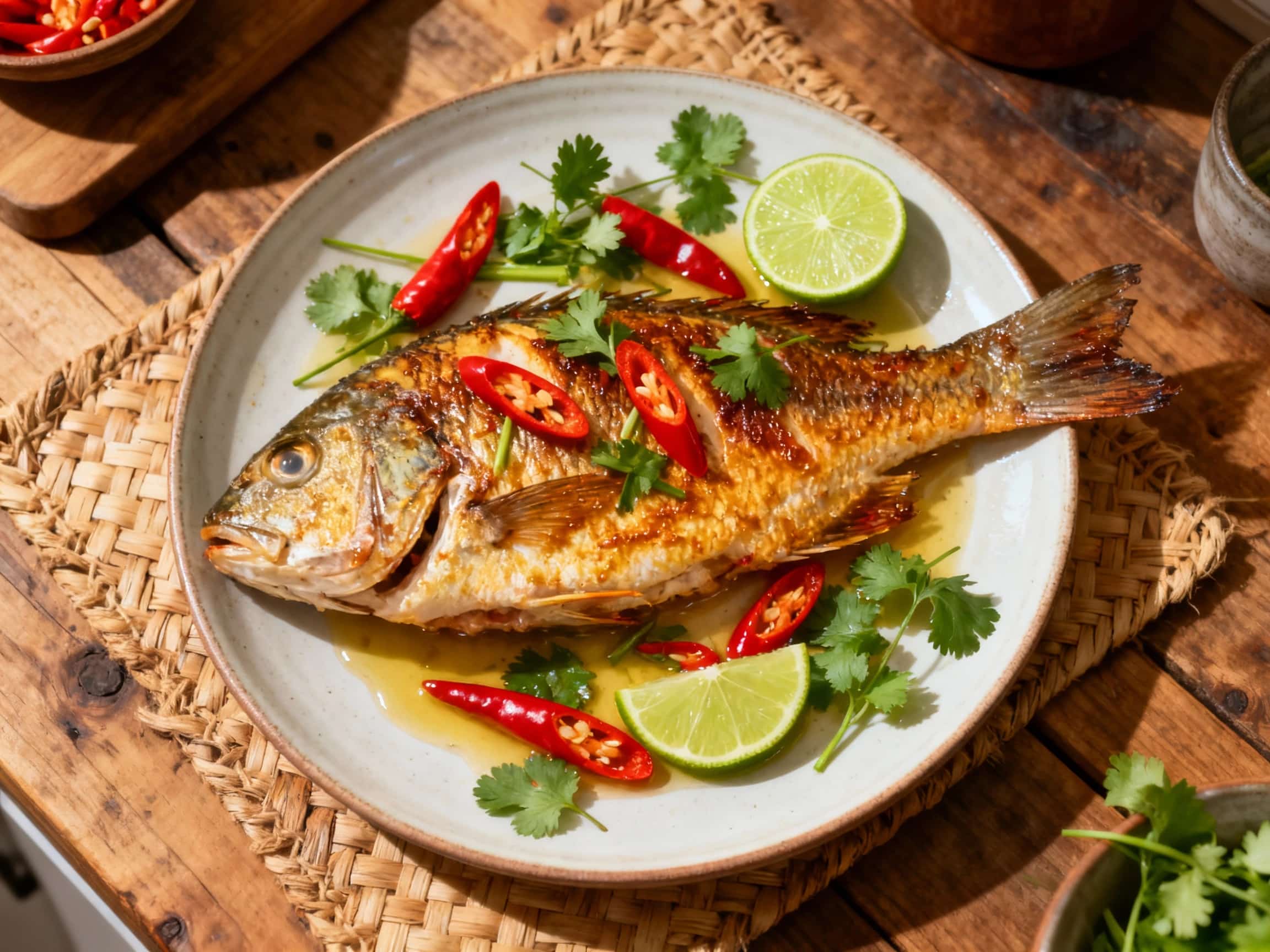 Flaky baked snapper fillets are arranged artfully on a white plate, drizzled with a vibrant chili-lime sauce and sprinkled with fresh cilantro and red pepper flakes.