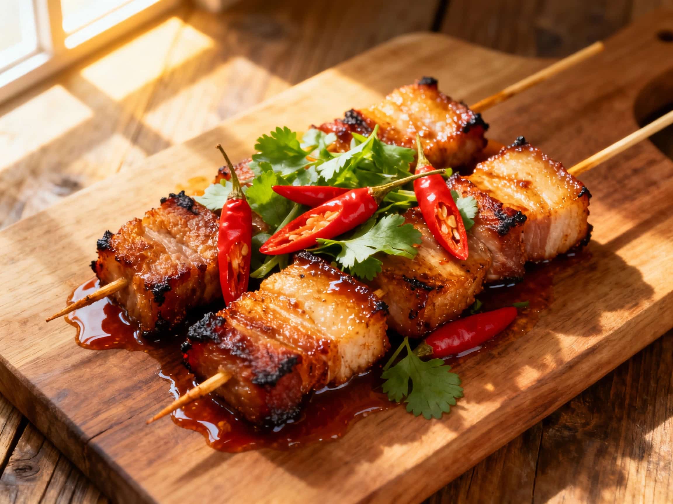 Three perfectly grilled Thai Chili Pork Belly Skewers glistening with a sweet, spicy glaze, arranged on a rustic wooden board. The pork belly cubes are deeply caramelized with visible char marks, contrasting with a vibrant garnish of fresh cilantro. The background is a soft, blurred impression of a lively night market, suggesting their street food origin and delicious aroma. This image captures th