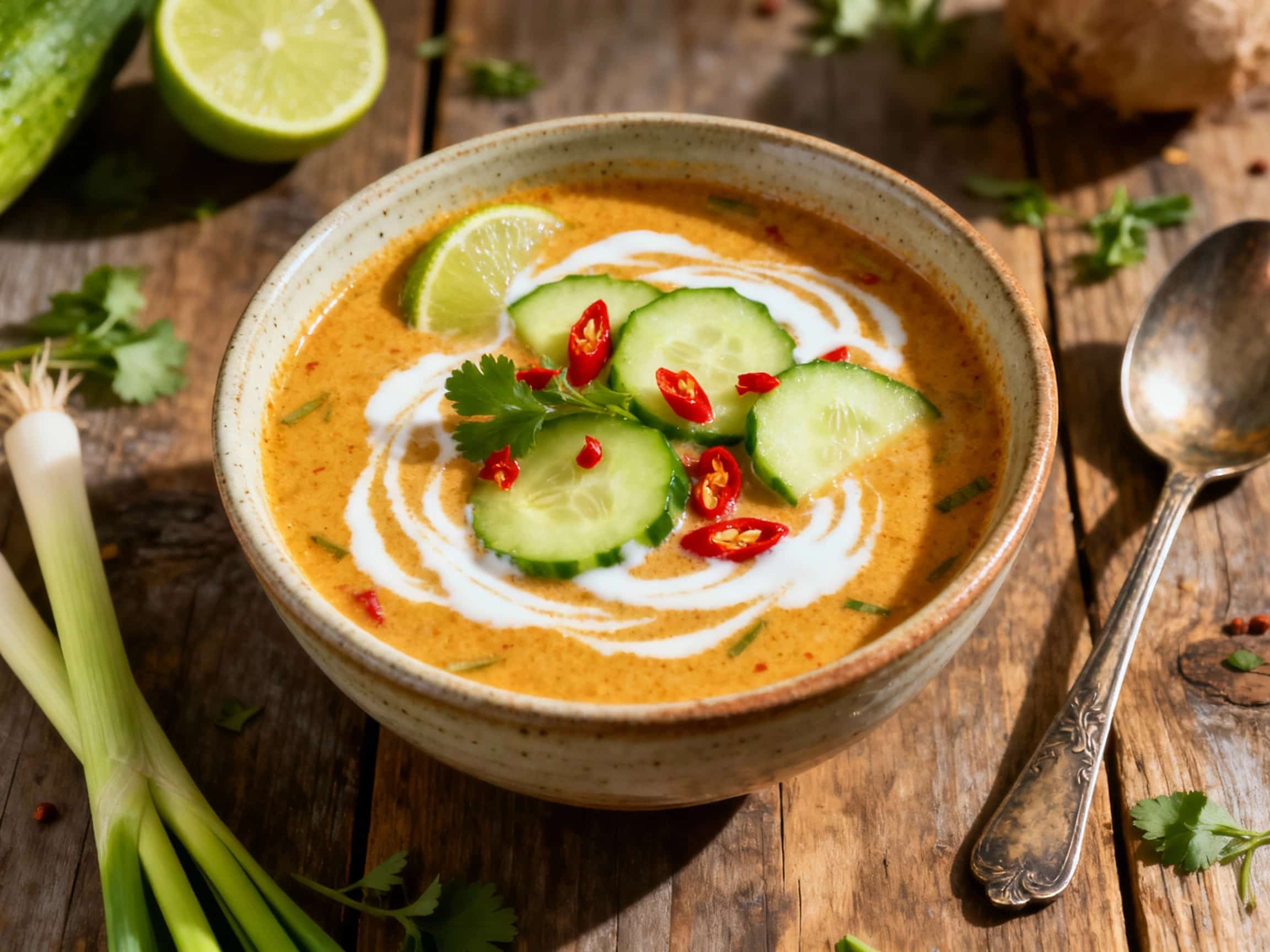 A vibrant green Thai coconut chili cucumber soup is artfully presented in a white bowl topped with fresh herbs and thinly sliced chili peppers, creating a refreshing and appetizing visual.