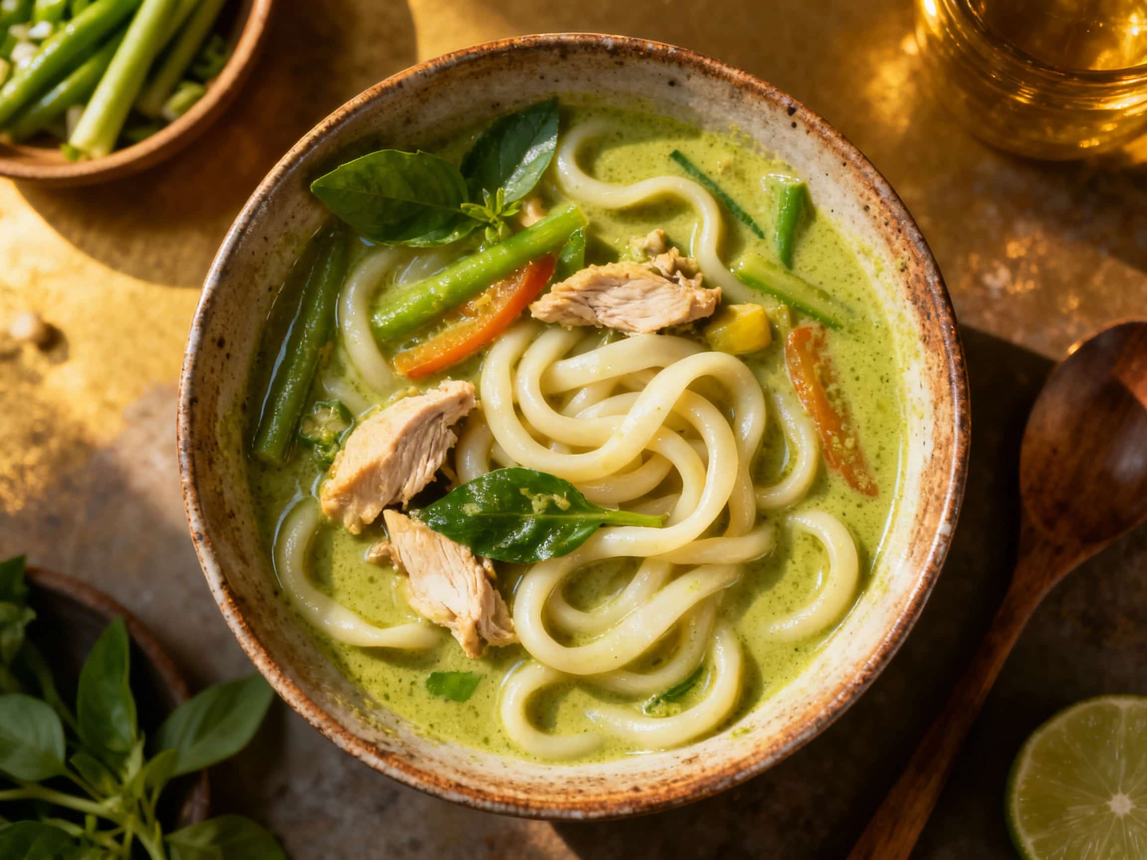 A vibrant and aromatic Thai green curry udon soup in a rustic ceramic bowl. Thick udon noodles are immersed in a creamy, emerald-green broth. Visible are tender chicken pieces, bright green snow peas, and fresh Thai basil leaves, with a wedge of lime delicately placed on the bowl's edge, highlighting the dish's fresh and comforting appeal.