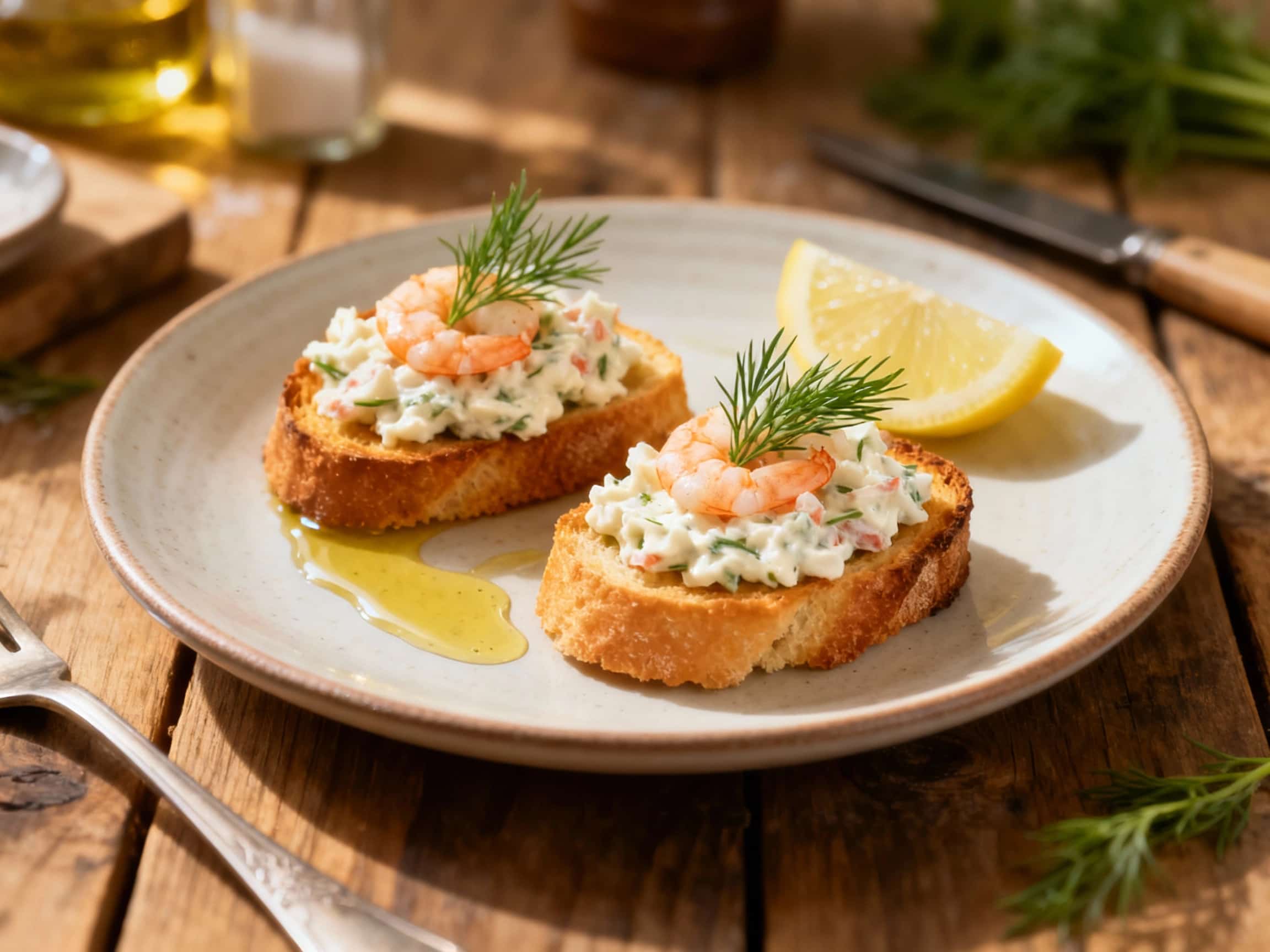 Golden, crisp tartlet shells overflowing with creamy shrimp salad, topped with a bright dill sprig and a sliver of lemon, all bathed in warm, inviting light.