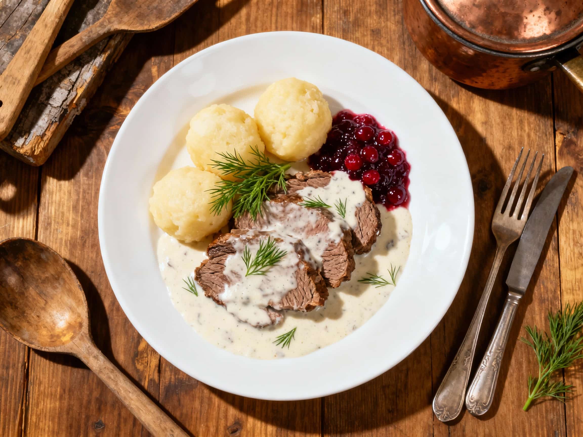 A creamy, rich svíčková with tender beef and a dollop of whipped cream, garnished with cranberries and a parsley sprig, sits invitingly on a white plate.