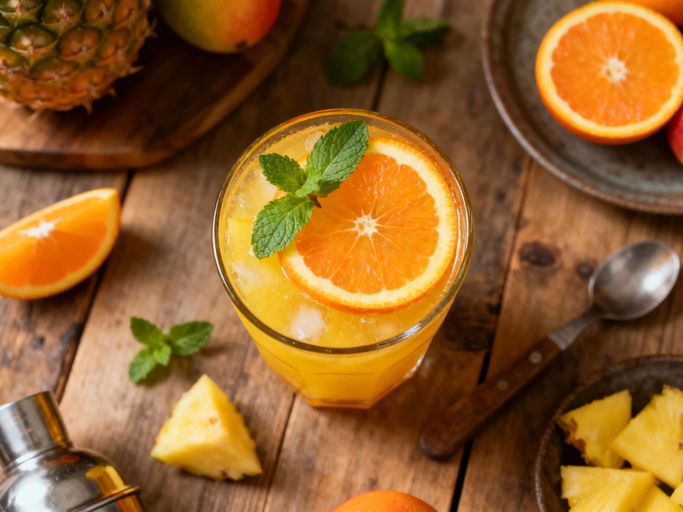 A vibrant pitcher overflows with a refreshing tropical punch, glistening with ice, fresh citrus slices, and hints of mint, perfect for a sunny celebration.