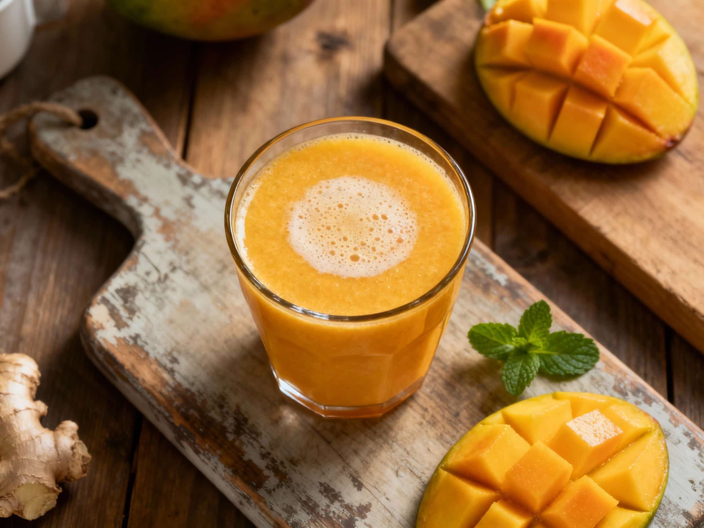 A vibrant, golden-orange mango ginger smoothie is poured into a clear glass, topped with a fresh mint sprig and a thin slice of lime, catching the sunlight.