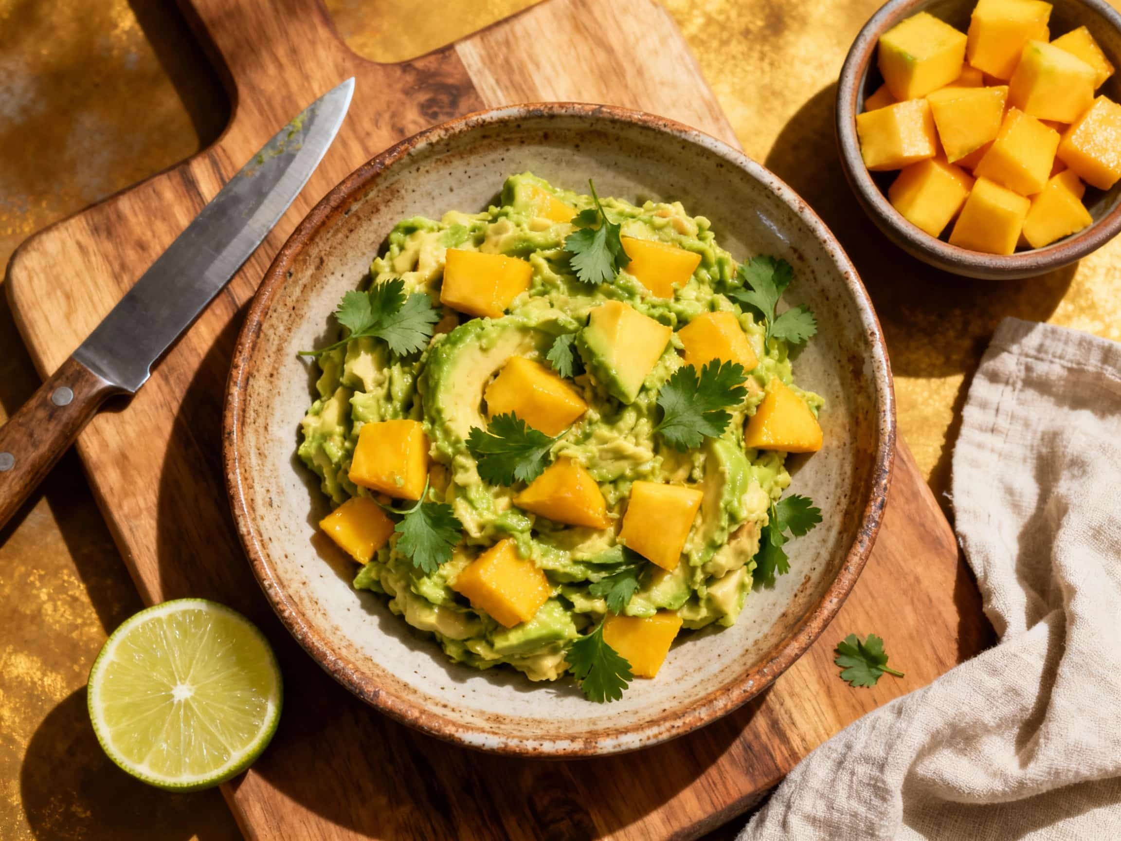 Bright green guacamole is generously topped with fresh, diced mango and cilantro, served in a rustic white bowl with a spoon resting to the side, ready to be scooped onto chips.