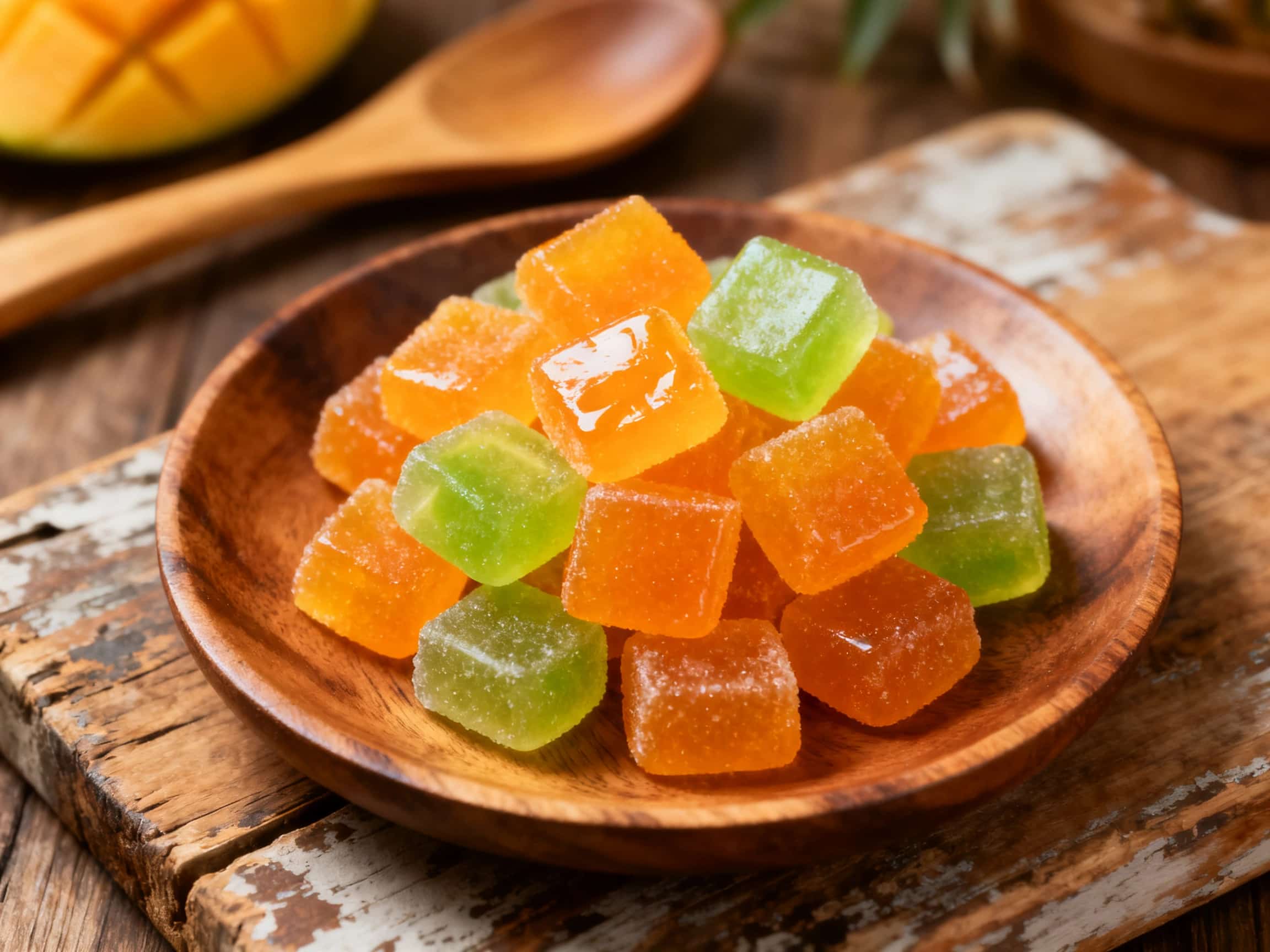 A scattering of small, translucent, bright yellow mango lime gummy cubes arranged elegantly on a white ceramic plate. Fresh green mint leaves are delicately placed among them, enhancing the vibrant color of the gummies and hinting at their refreshing taste. The gummies appear firm and perfectly shaped, ready to be enjoyed.