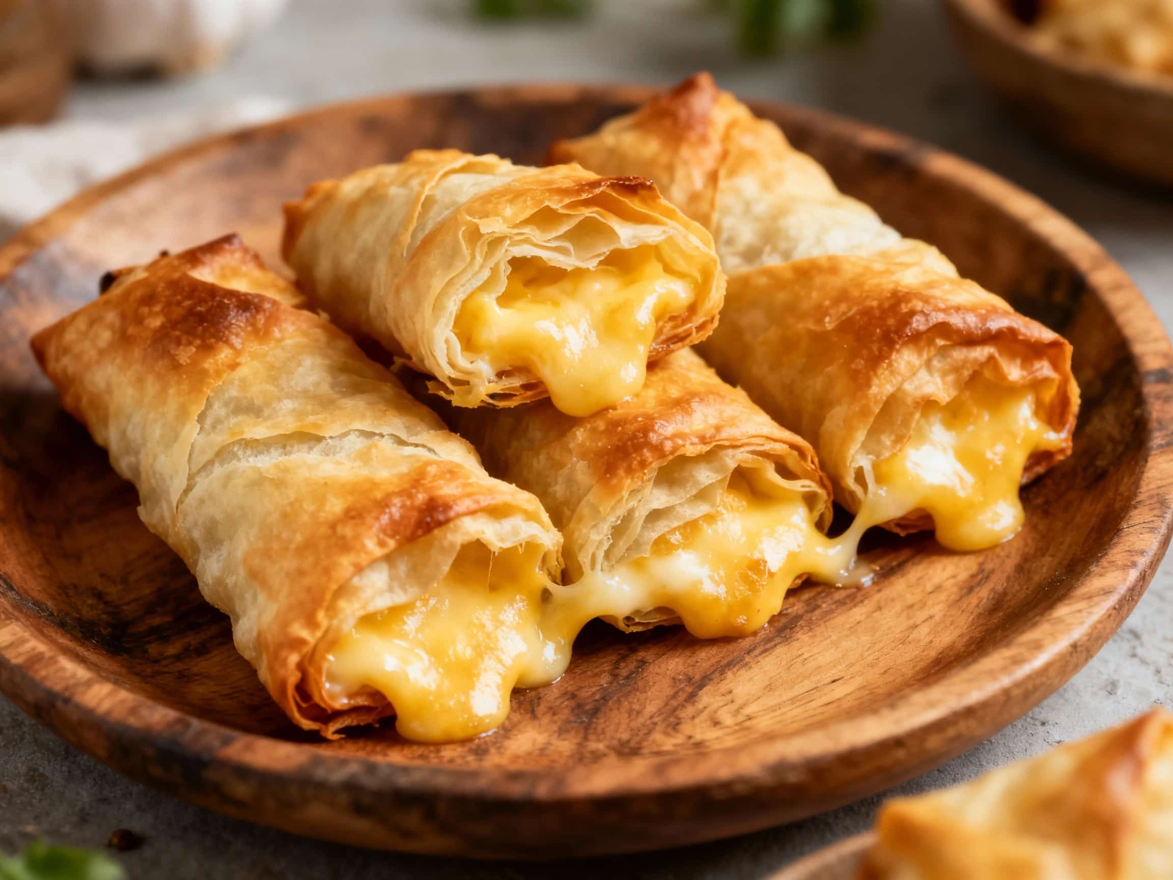 Golden-brown, flaky borek rolls are generously sprinkled with sesame seeds and piled high on a rustic wooden board, ready to be enjoyed.