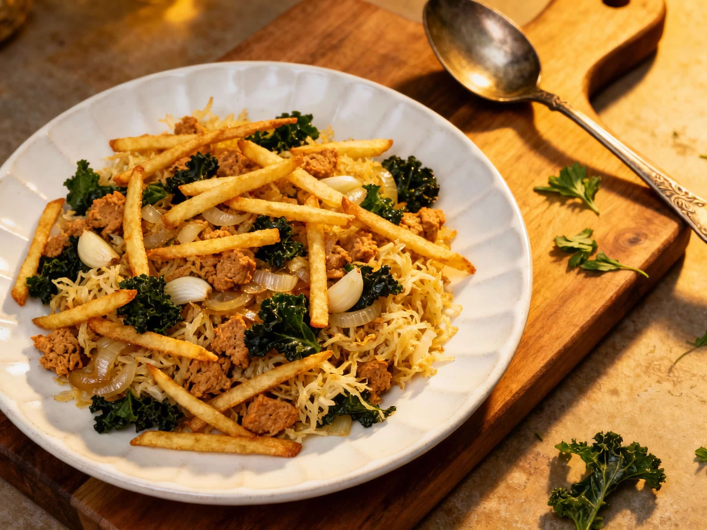 Fluffy shredded hearts of palm are golden brown and mixed with crispy potatoes, black olives, and parsley on a white plate, ready to enjoy.