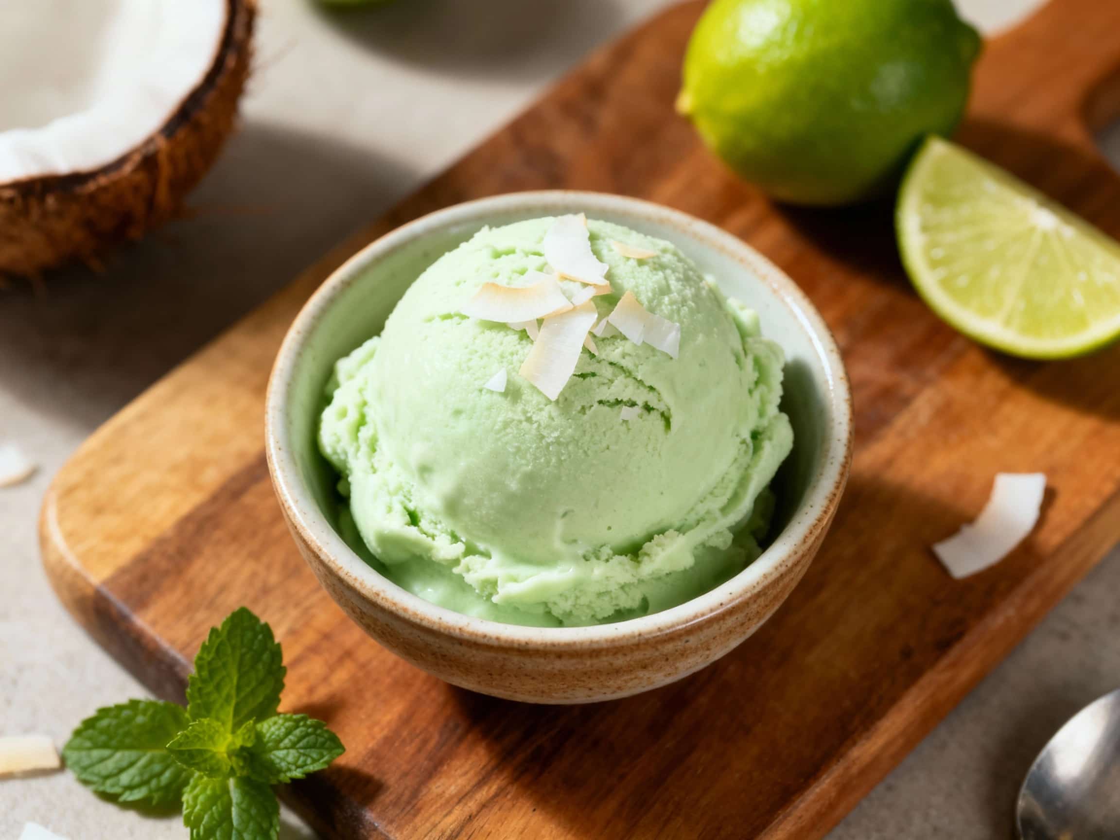 A close-up of a scoop of pale green Vegan Coconut Lime Sorbet nestled in a small white ceramic bowl. The sorbet has a smooth, creamy texture and is garnished with a perfectly placed thin slice of fresh lime and a vibrant green sprig of mint, enhancing its refreshing and tropical appeal. The background is softly blurred, focusing all attention on the bright, inviting dessert.