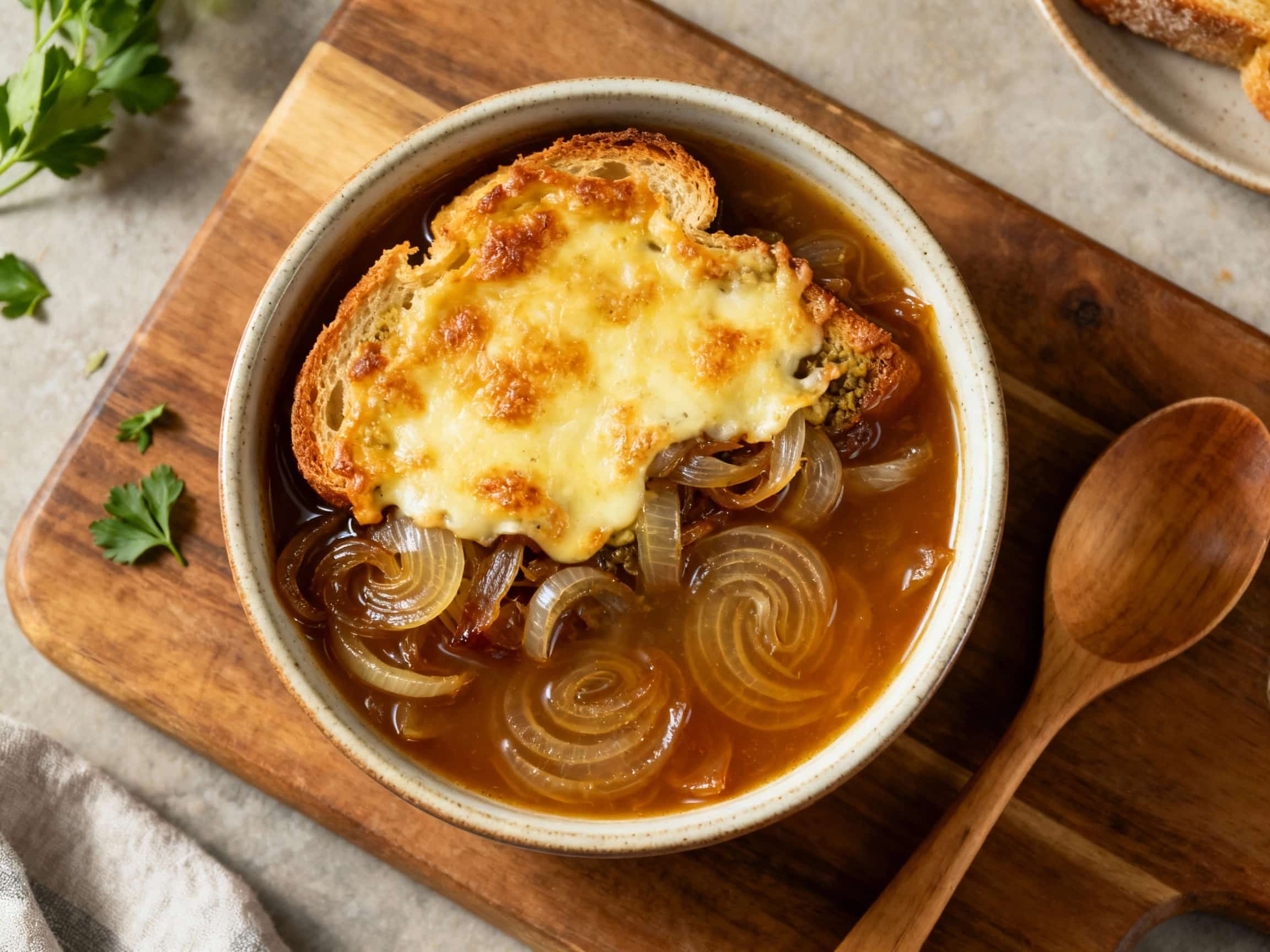 A golden-brown, cheesy vegan topping crowns a rich, steaming bowl of French onion soup, ready to be served.