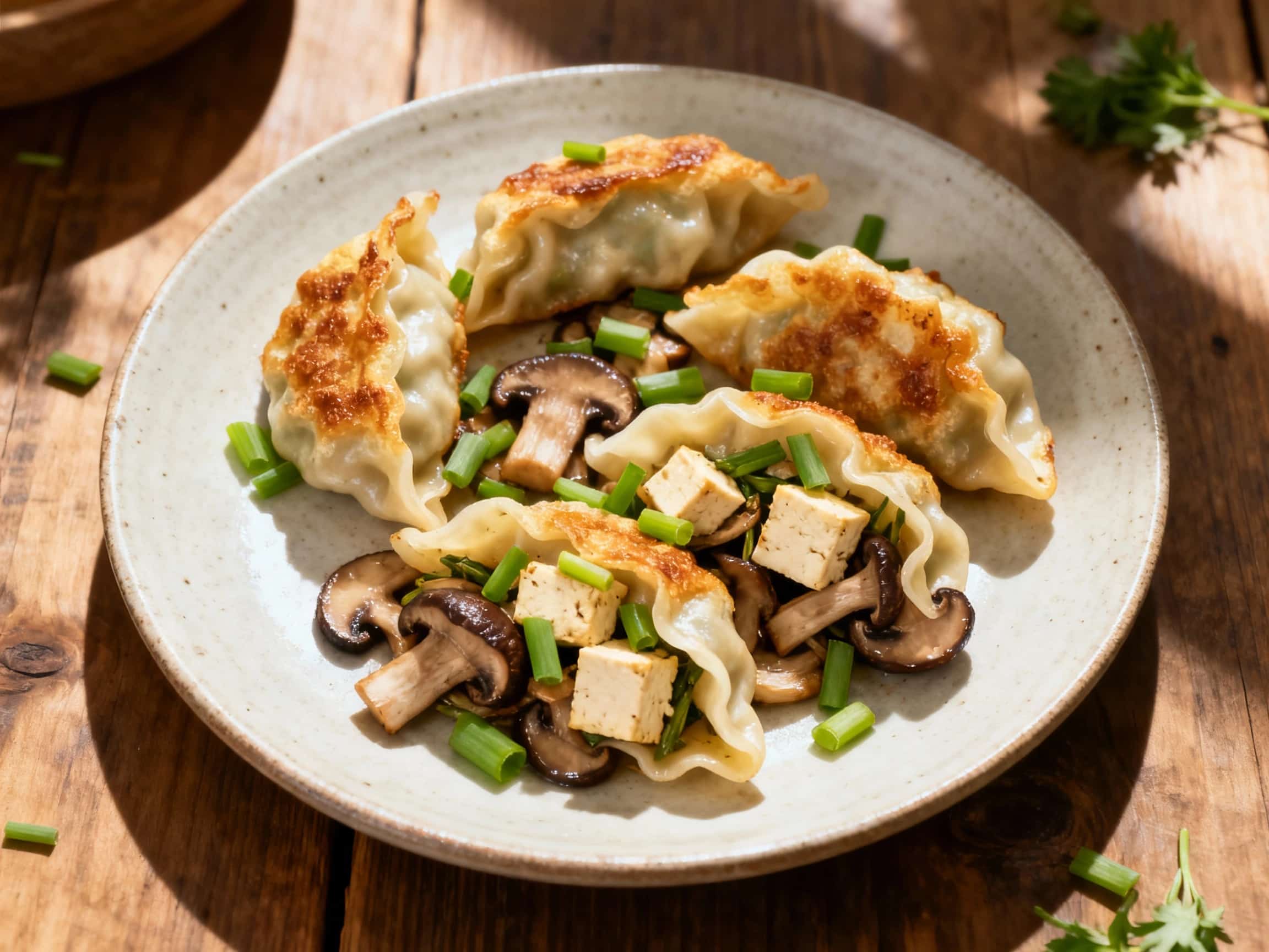 Golden brown pan-fried vegan gyoza, filled with savory shiitake mushrooms and tofu, are artfully arranged on a white plate, glistening with sesame oil and garnished with fresh green scallions.