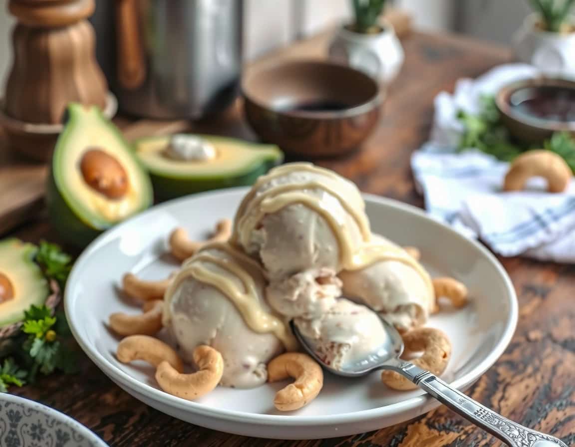 Creamy, pale vanilla cashew ice cream is scooped into a glass bowl, topped with a sprinkle of fresh mint and a drizzle of chocolate sauce.