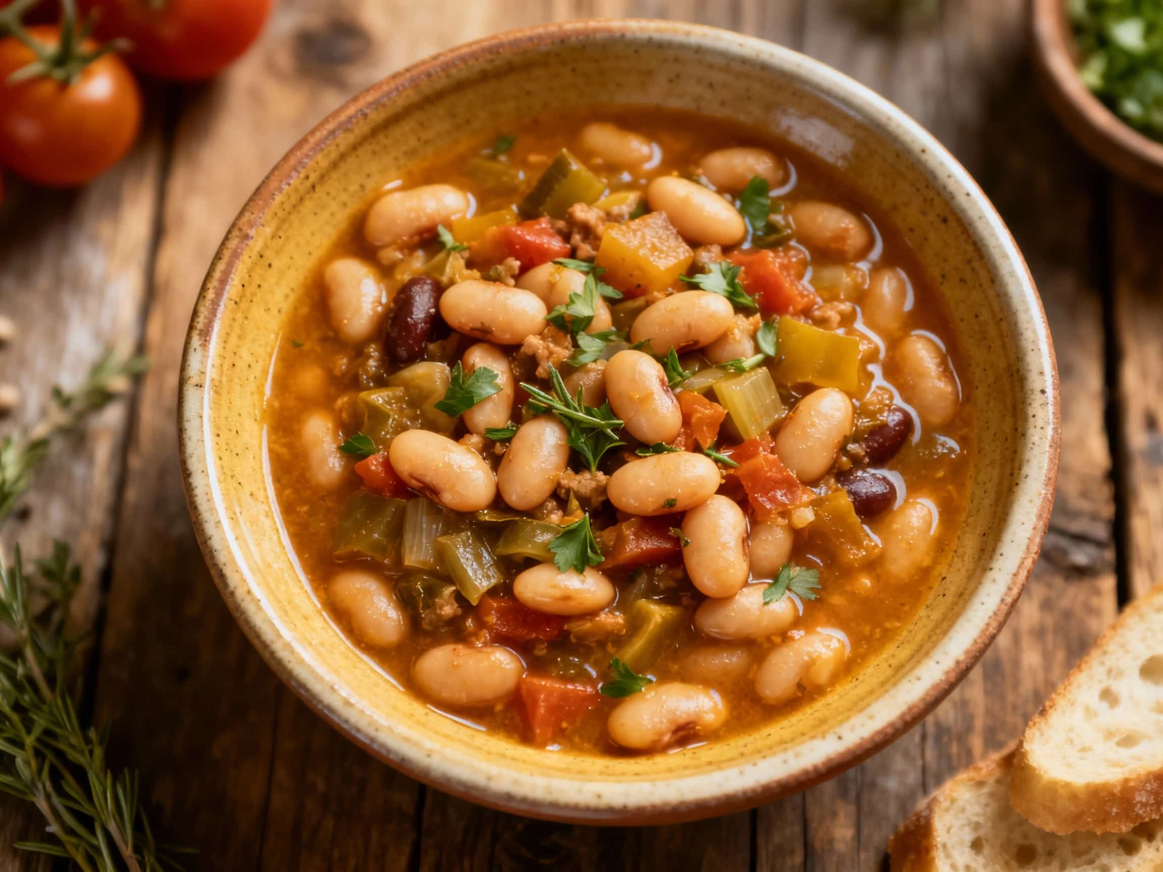 A hearty bowl of vegetarian Fabada Asturiana, rich with white beans and plant-based sausage, is garnished with fresh parsley and served with crusty bread.