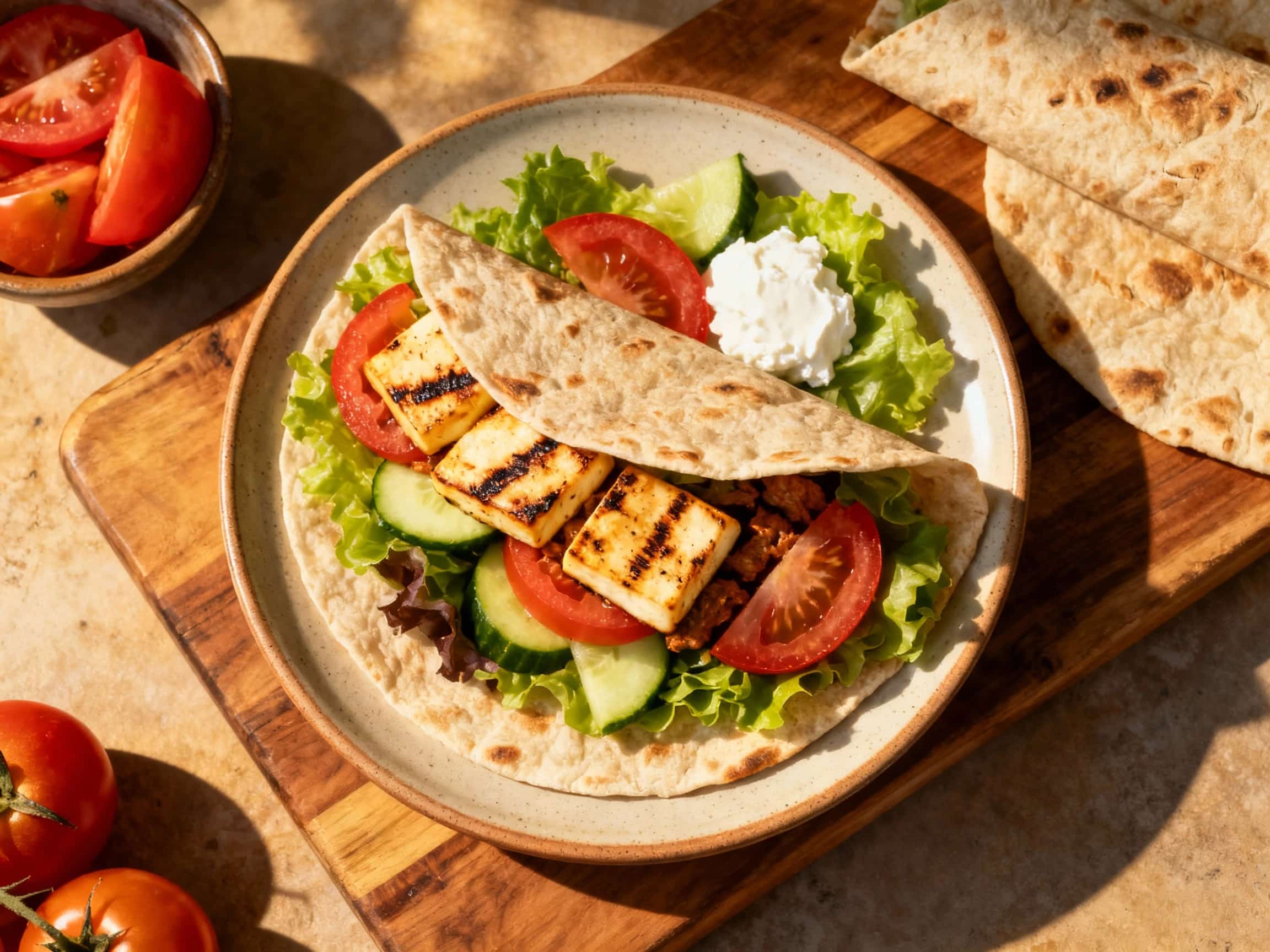 Golden-brown grilled halloumi cheese and vibrant vegetables tucked into warm pita bread, glistening with a creamy tzatziki sauce and fresh parsley, ready for a satisfying bite.