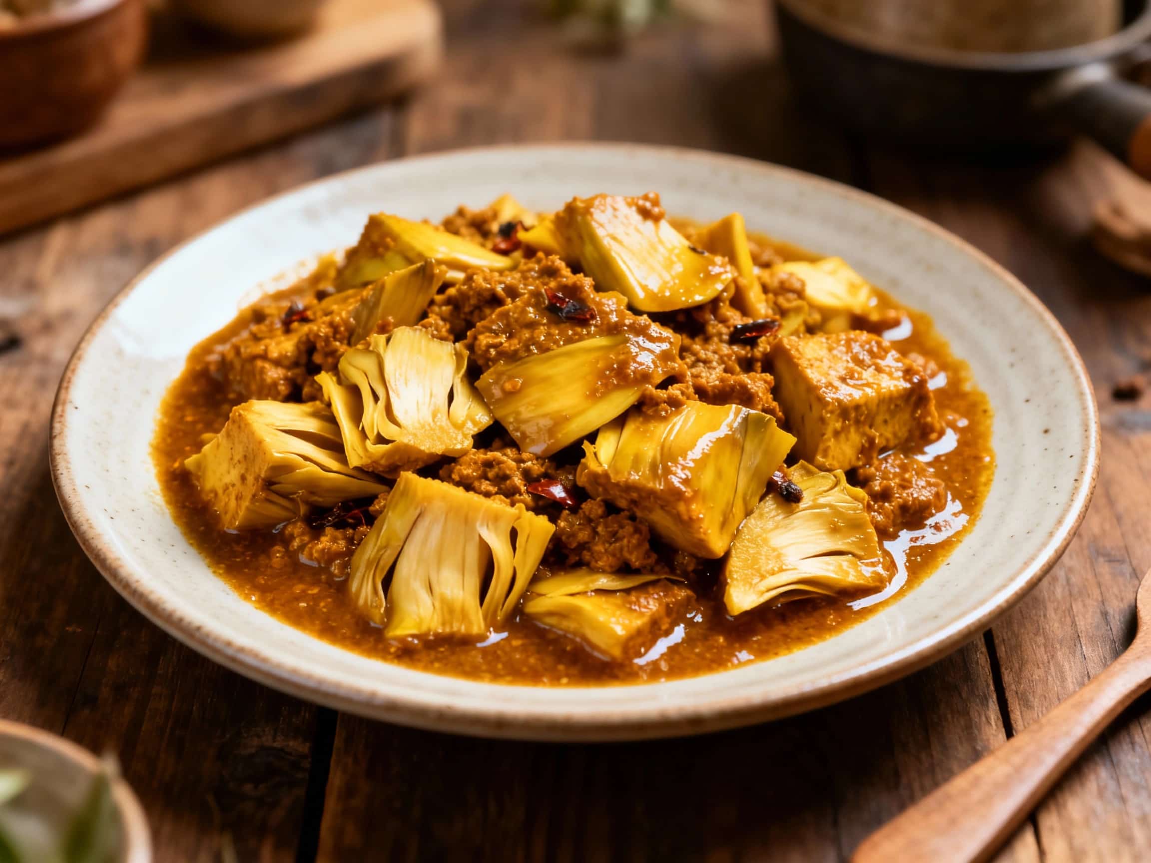 A vibrant plate of Vegetarian Jackfruit Rendang, a slow-cooked Indonesian dish made with young jackfruit, features tender pieces coated in a rich, dark, and oily spice sauce. It is served alongside fluffy white rice and refreshing cucumber slices on a rustic wooden table, capturing the essence of authentic Indonesian home cooking.