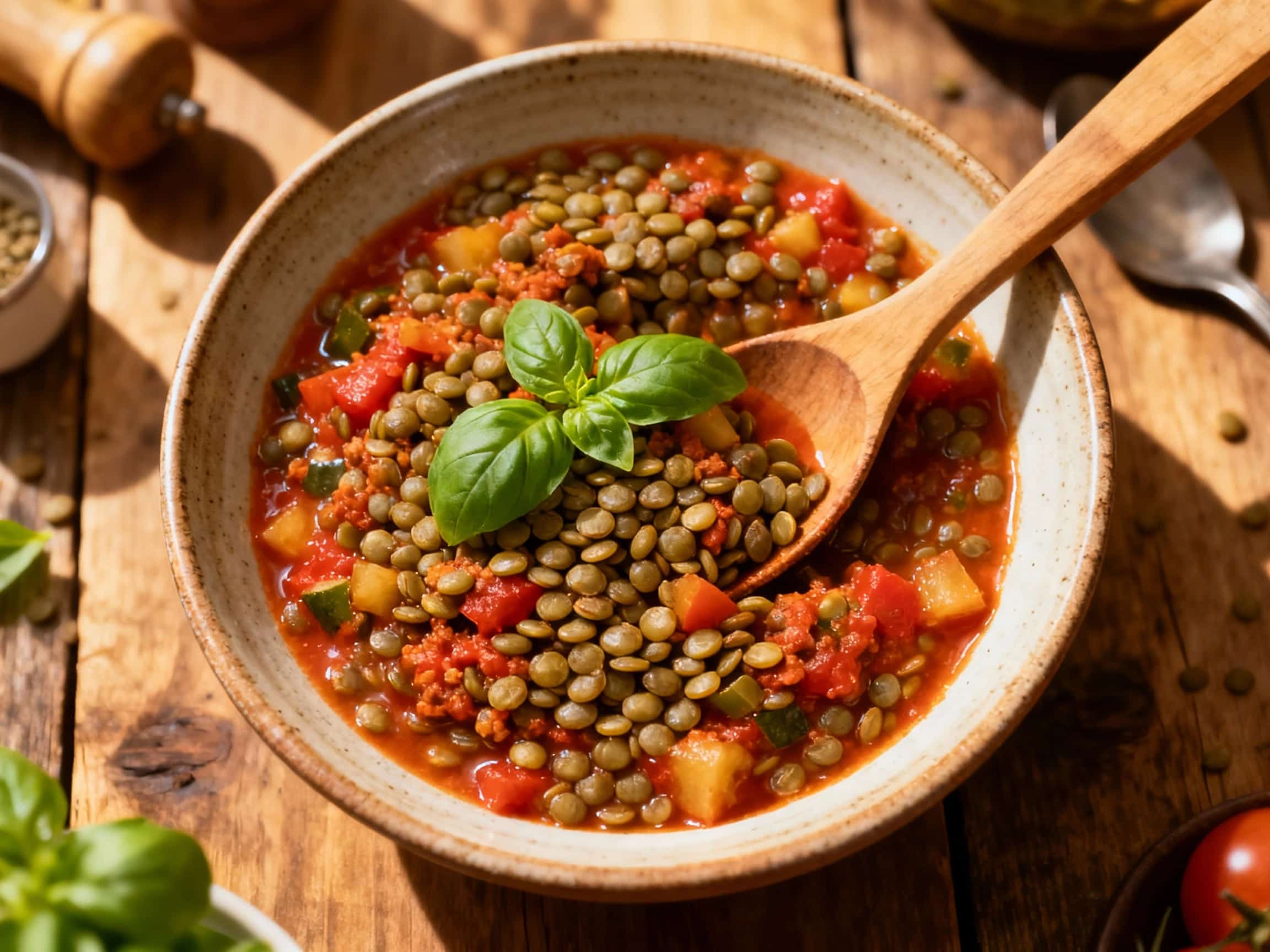A rustic, deep red vegetarian lentil bolognese simmers in a cast iron pot, fresh basil sprigs scattered on top.