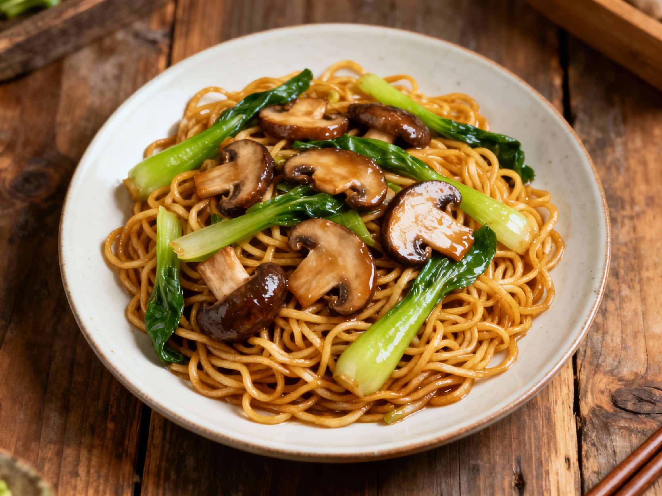 A steaming bowl of vegetarian mushroom chow mein, featuring thick noodles, vibrant stir-fried vegetables, and savory mushrooms, is presented in a rustic ceramic dish, ready to be enjoyed.