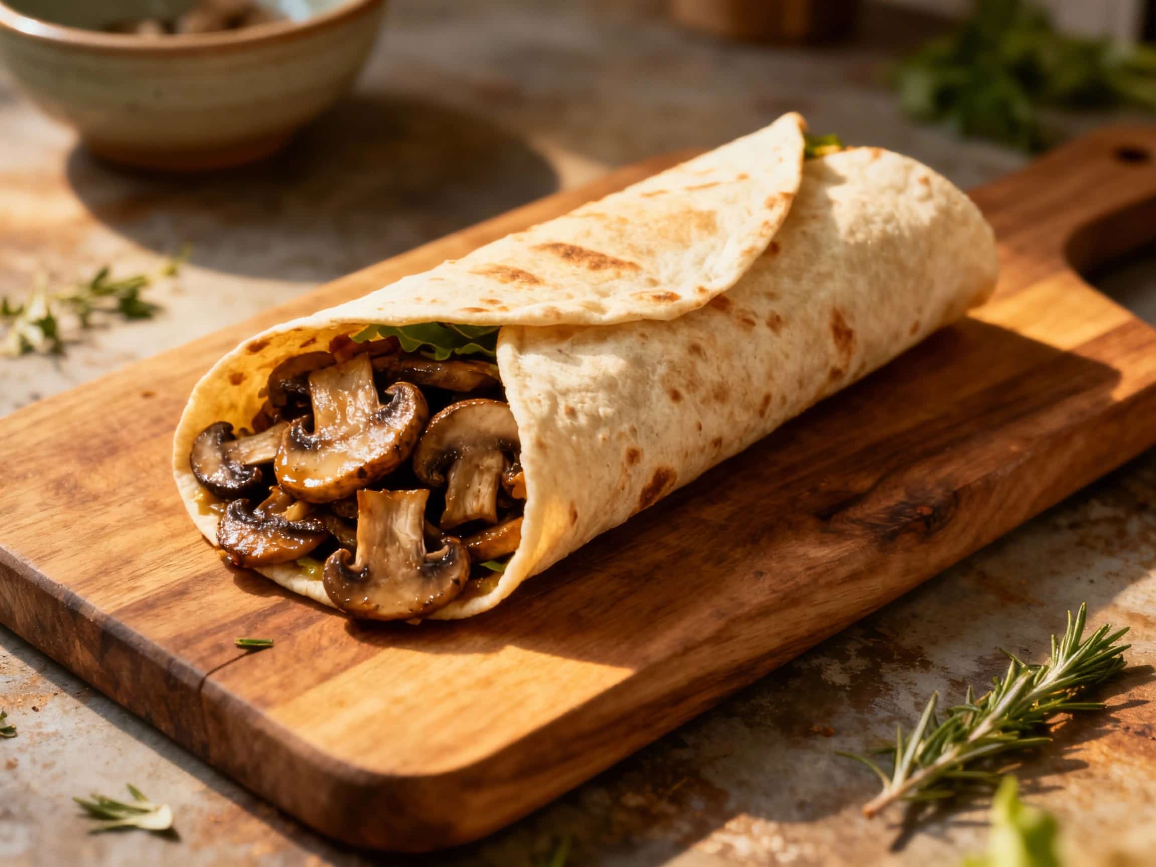 A hearty vegetarian mushroom gyro wrap is generously filled and ready to be enjoyed, suggesting a delicious and satisfying meal.