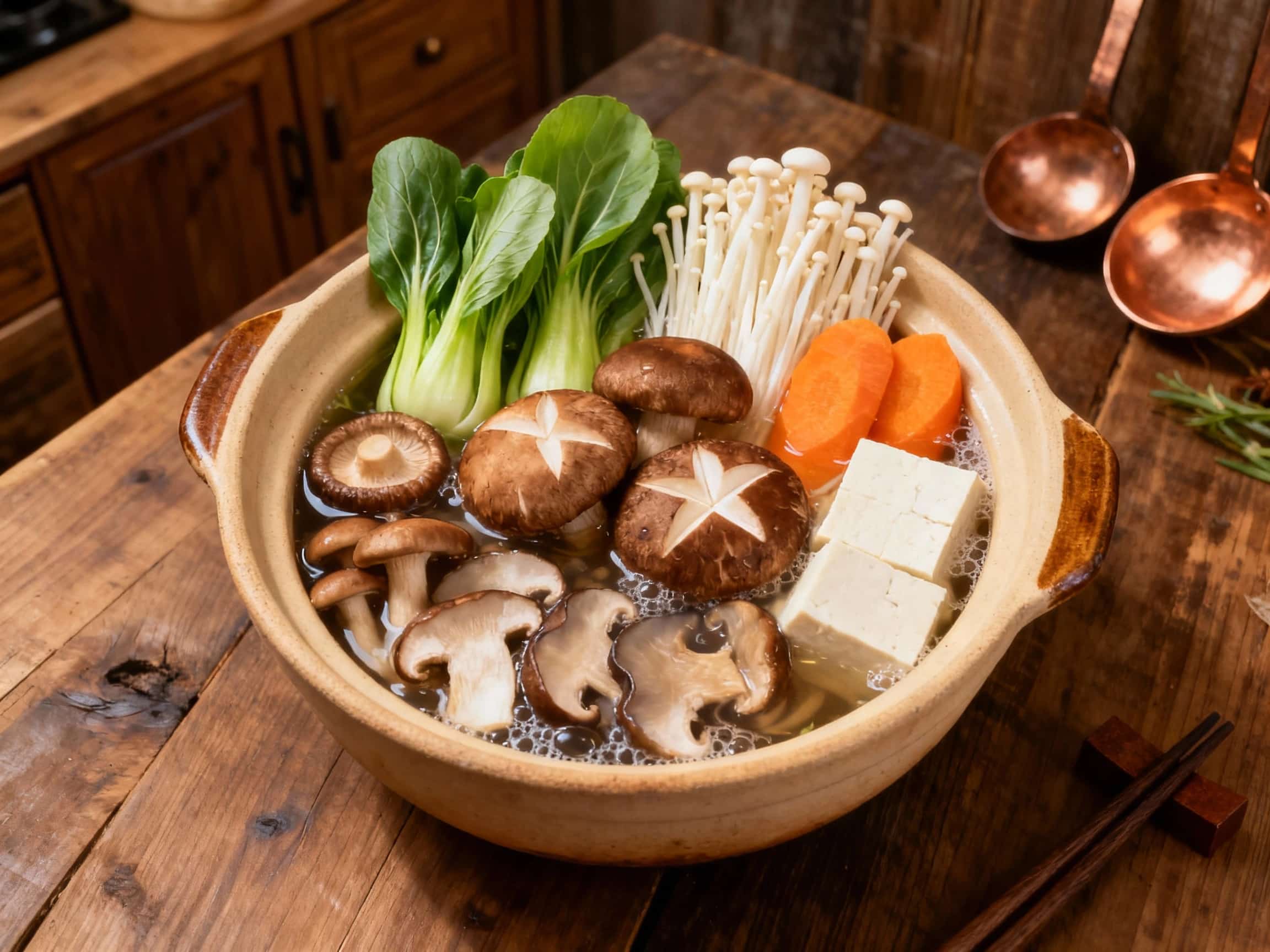 A bubbling vegetarian mushroom hot pot steams in a rustic pot, featuring a colorful assortment of fresh vegetables and savory mushrooms, ready for a cozy, communal meal.