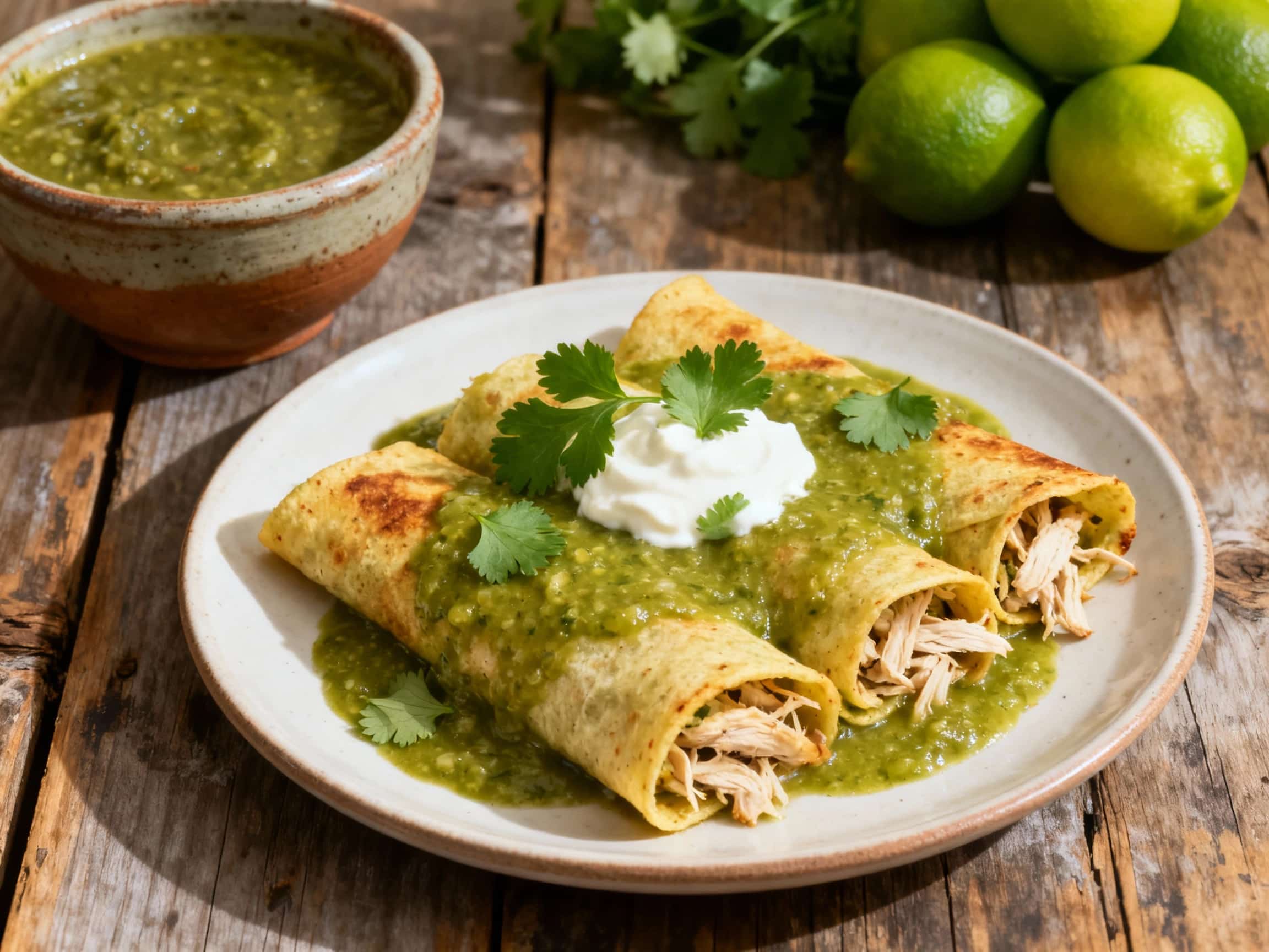 Fluffy green enchiladas filled with shredded chicken are smothered in a vibrant salsa verde and topped with melted cheese, a dollop of crema, and fresh cilantro.