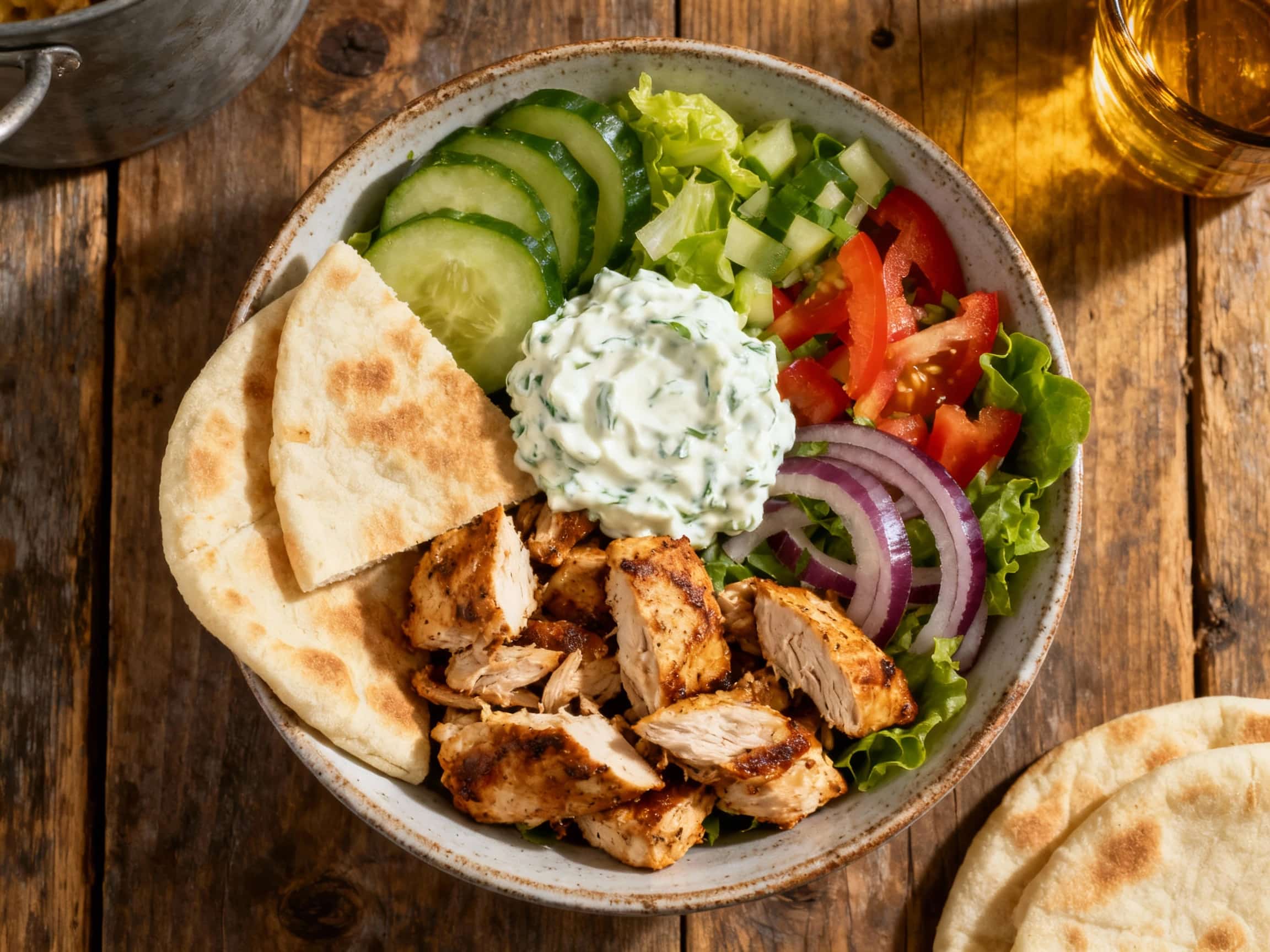 A vibrant chicken gyro bowl is neatly assembled with fluffy rice, seasoned grilled chicken, fresh lettuce, and a drizzle of creamy tzatziki sauce, ready for a delicious and easy meal.