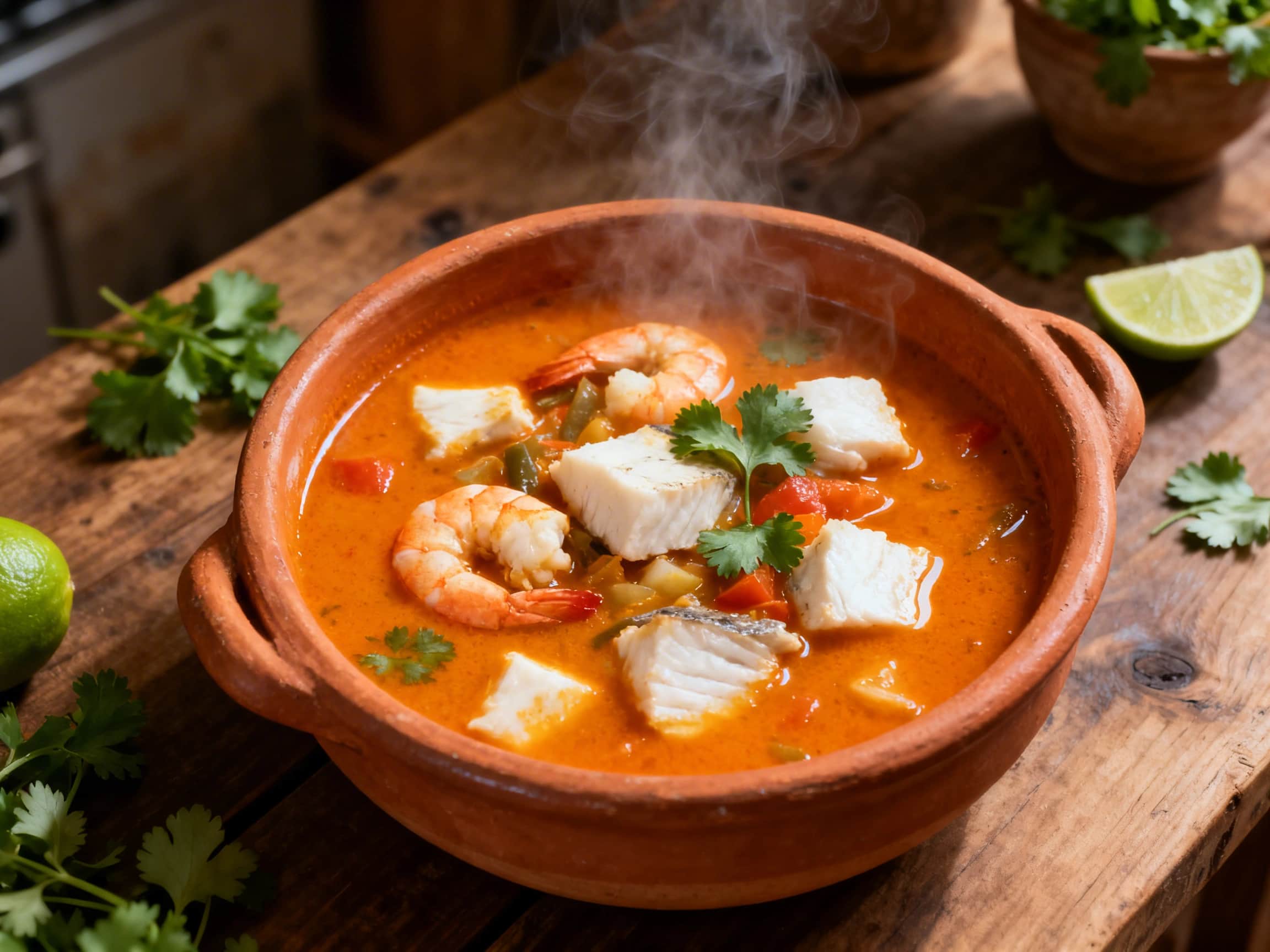 A vibrant Brazilian Moqueca fish stew is presented beautifully in a rustic clay pot on a dark wooden surface. The stew showcases generous pieces of flaky white fish and plump pink shrimp amongst colorful bell peppers, tender tomatoes, and thinly sliced onions, all bathed in a luscious, creamy coconut milk-based broth. A generous sprinkle of fresh green cilantro adorns the top, and a couple of lime