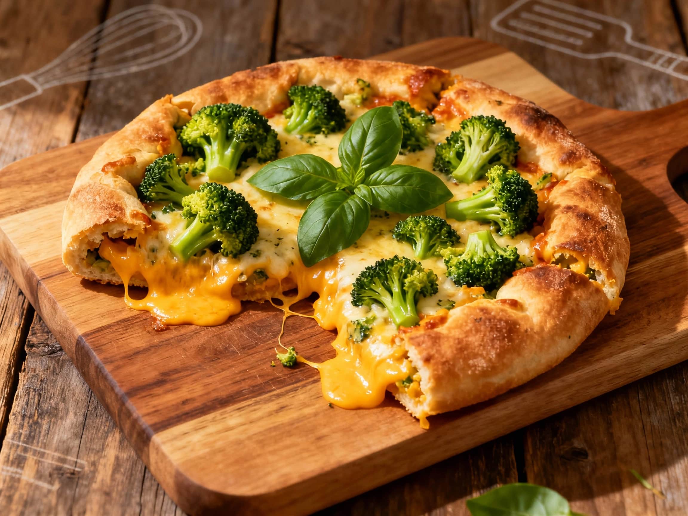 An overhead view of a freshly baked Broccoli Cheddar Stuffed Pizza in a cast-iron skillet, golden brown and puffed. One slice is removed and tilted, showcasing the rich, creamy filling of green broccoli florets and melted orange cheddar cheese. The crust is visibly crispy, and the filling looks incredibly moist and savory. The scene is warmly lit, suggesting a comforting homemade meal.