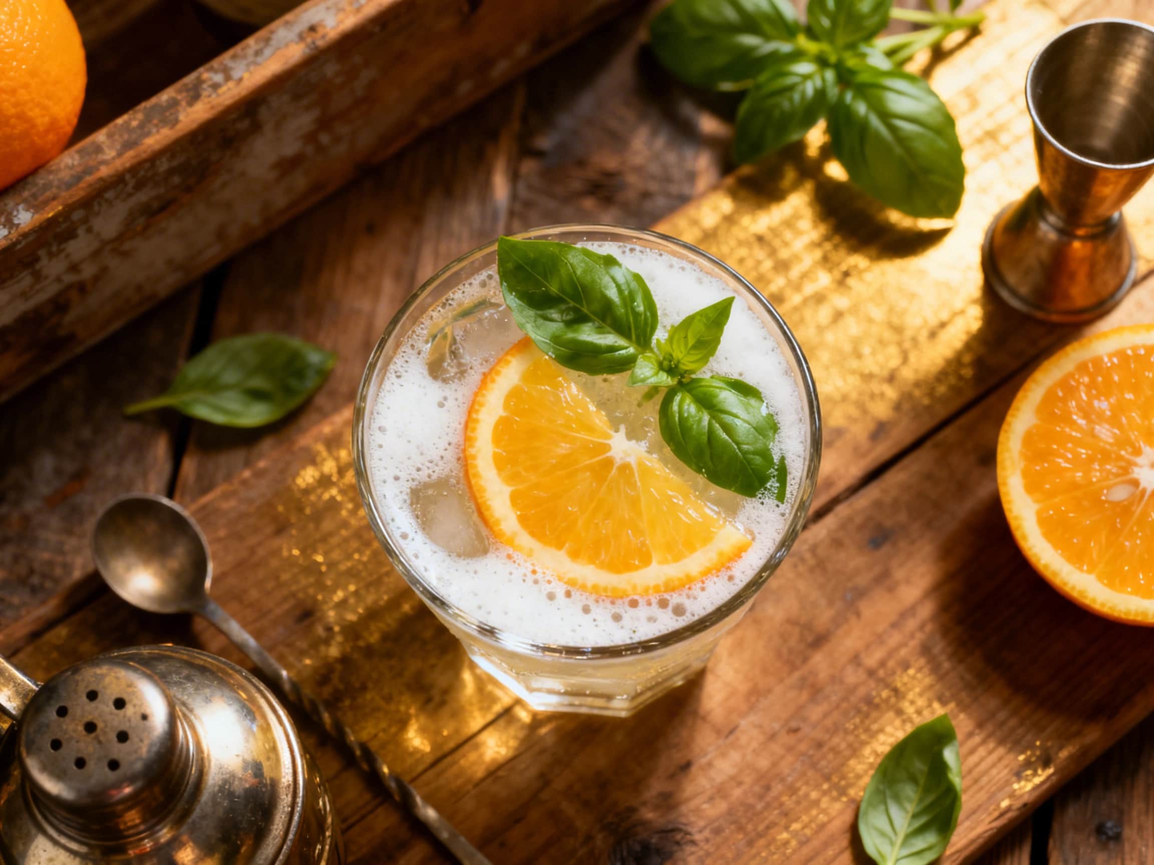 A Citrus Basil Gin Tonic Shot in a clear shot glass, featuring a brilliant layered appearance with a golden yellow bottom and a lighter green top. A small, fresh basil leaf rests on the surface, and a thin lemon twist is delicately placed on the rim. The shot glass is centered on a dark, glossy bar top with a softly blurred, warm-toned background, suggesting a cozy, elegant bar setting. The drink