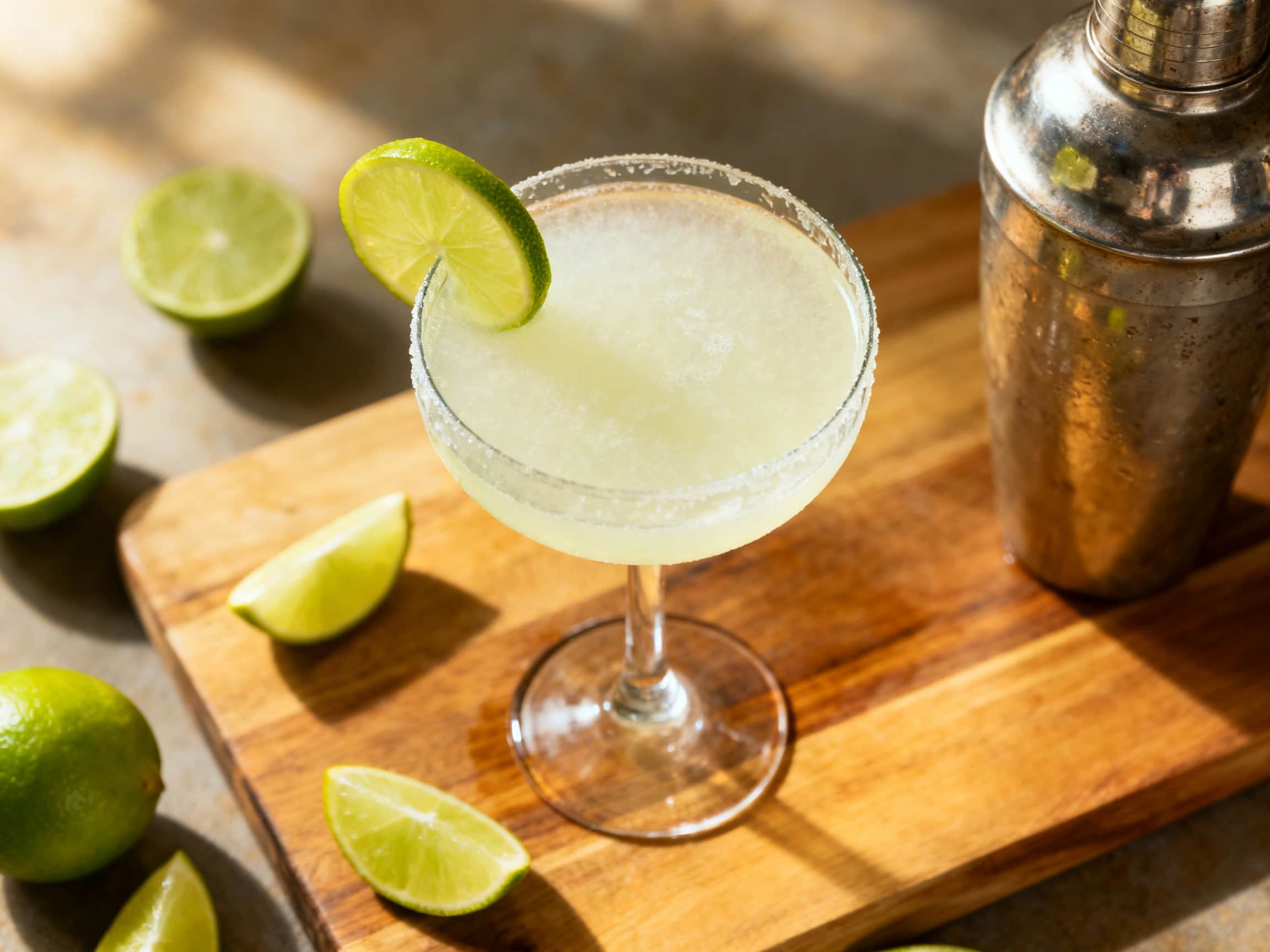 A crystal-clear Classic Daiquiri cocktail fills a stemmed coupe glass, its surface smooth and inviting. A vivid green lime wheel perches delicately on the rim, providing a pop of color against the drink's subtle hue. The glass appears frosted with condensation, hinting at its refreshing chill, and sits on a warm, polished wooden surface. The ambiance suggests a relaxed, sophisticated setting, perf