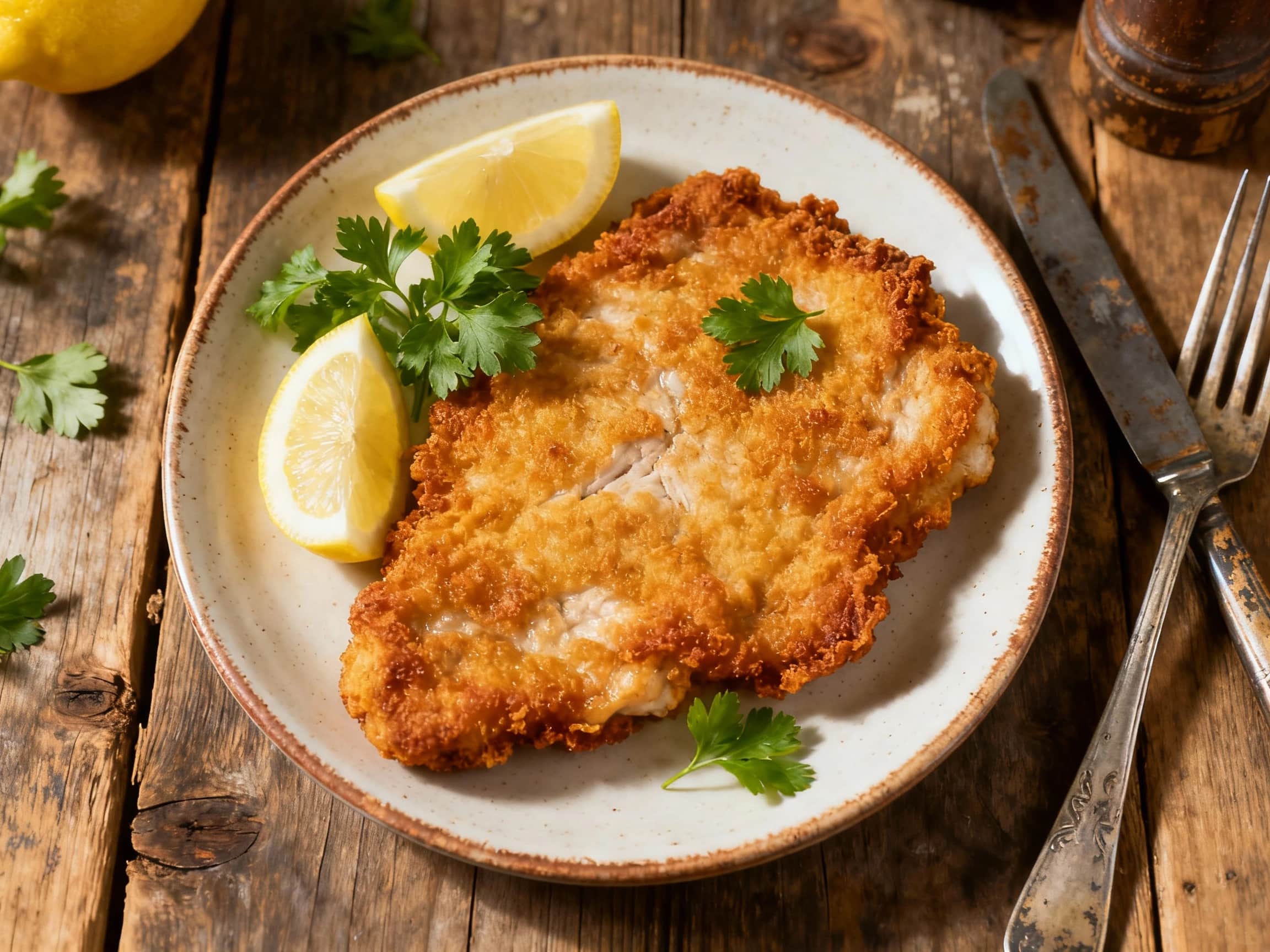 Golden-brown, crispy veal schnitzel is pan-fried to perfection, served on a bed of fresh pasta and garnished with a bright lemon wedge and fresh parsley sprigs.