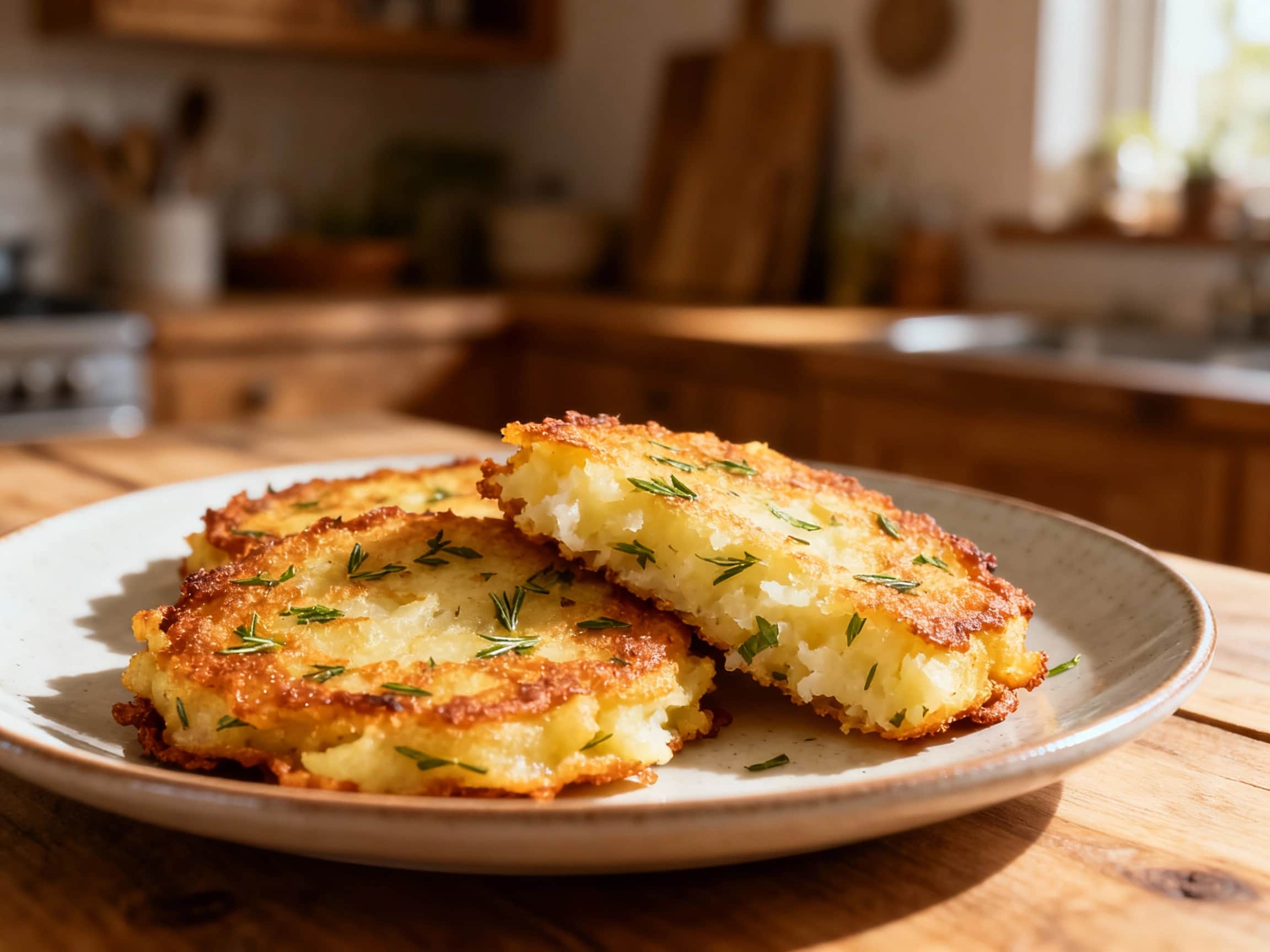 Golden-brown, crispy potato pancakes are piled high and garnished with fresh dill and parsley, offering a rustic and appetizing presentation.