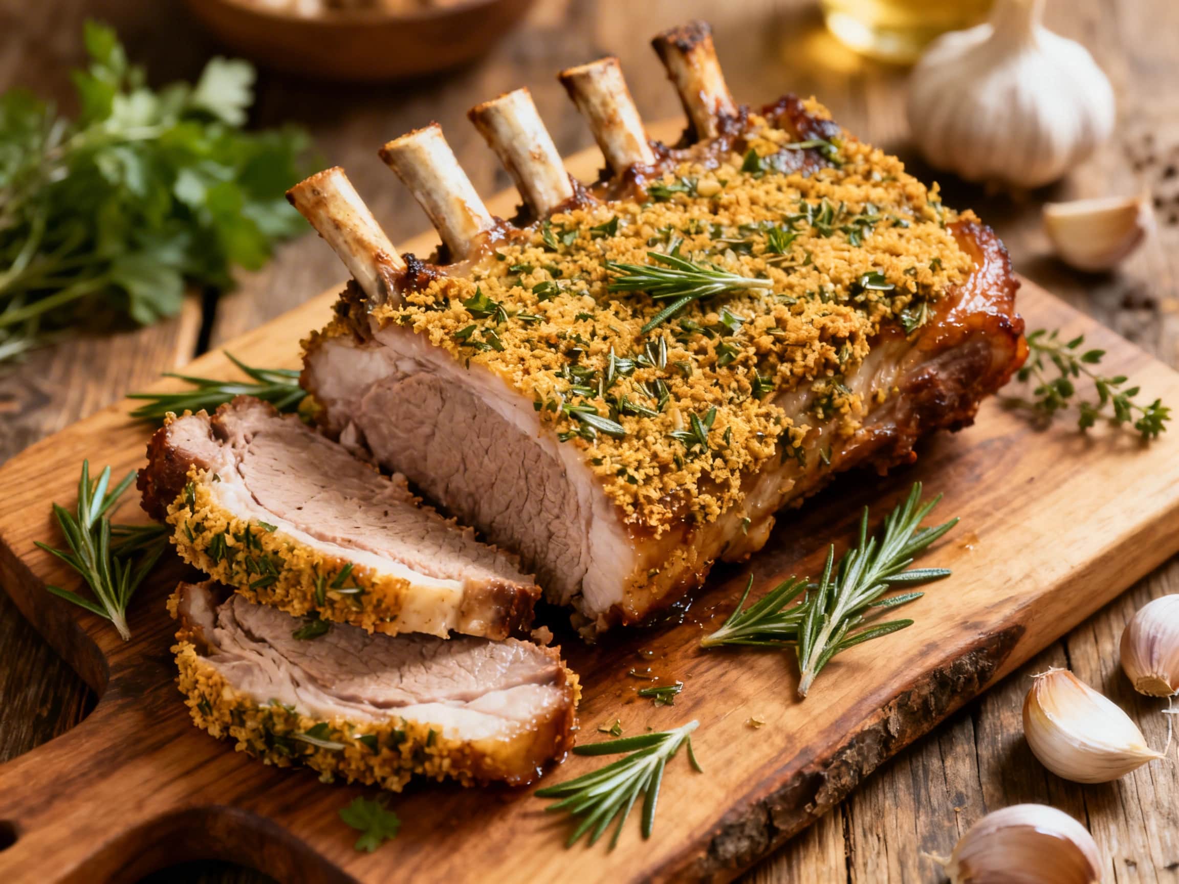 A stunning, golden-brown garlic and herb crusted rack of pork, expertly roasted, sits on a rustic wooden cutting board, ready for carving. The aromatic herb crust, speckled with golden breadcrumbs, glistens invitingly. The white Frenched bones rise elegantly, hinting at each succulent pork chop within. Fresh rosemary and whole garlic cloves garnish the base, enhancing the rustic and gourmet appeal