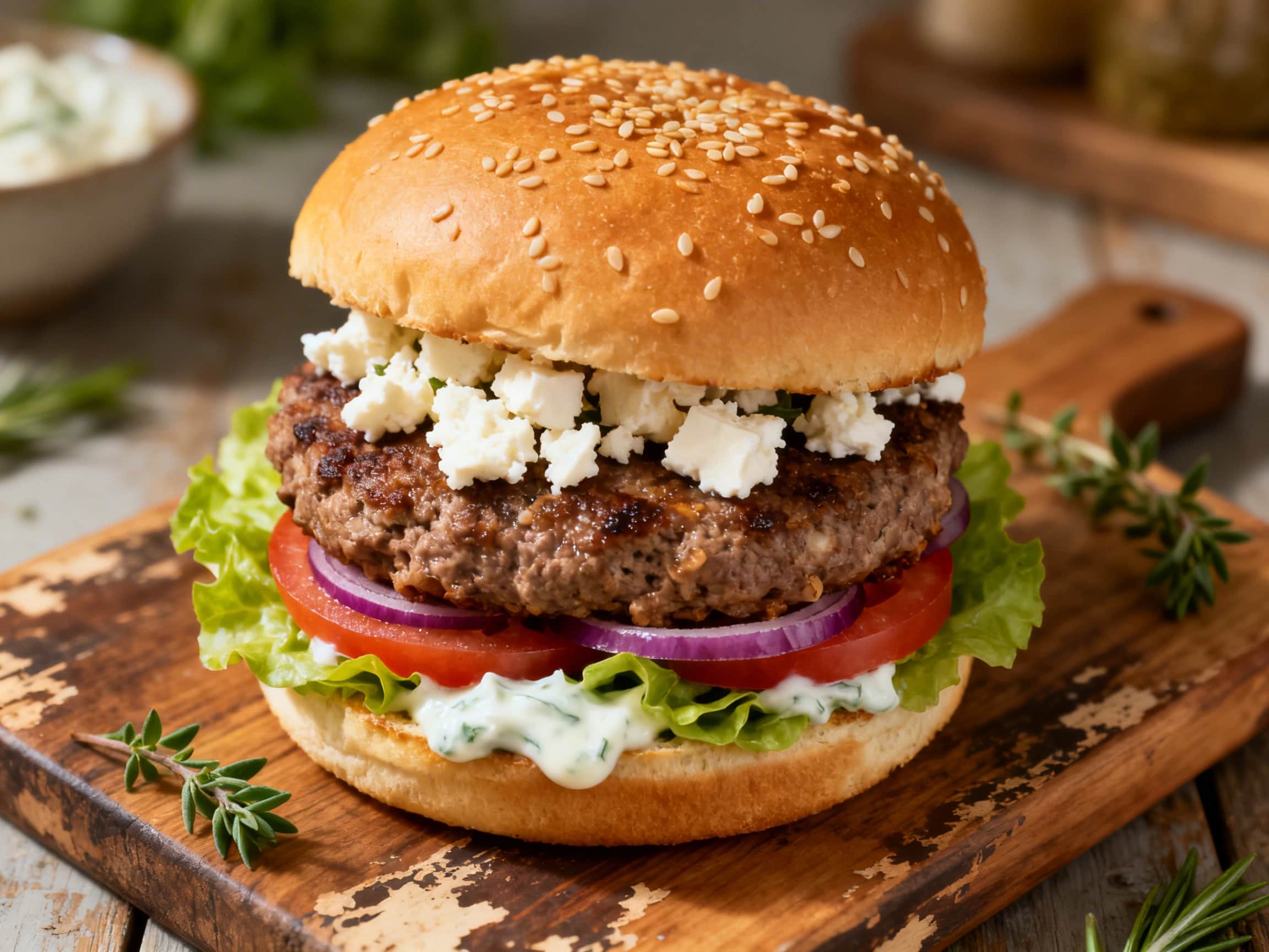 A gourmet Greek Lamb & Beef Burger with Feta, presented on a dark, rustic wooden board. The perfectly grilled, thick patty, seasoned with herbs and studded with melted feta, sits on a toasted brioche bun. Thinly sliced red onion and cucumber are visible, adding freshness, and a generous layer of white tzatziki sauce glistens beneath the top bun. The image is taken from a slightly elevated angle, i