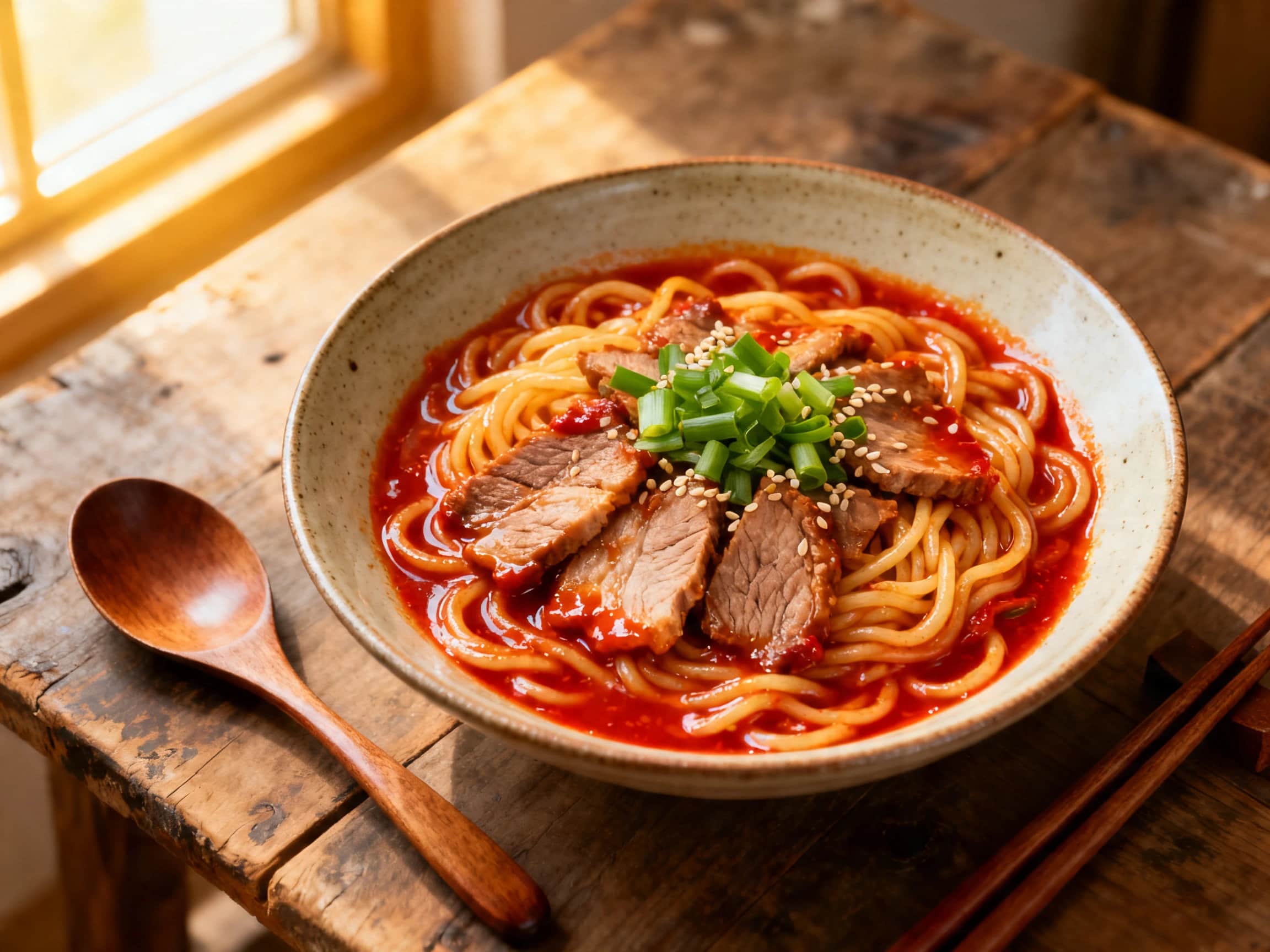 A close-up, overhead shot of a vibrant bowl of Korean Spicy Pork Jjolmyeon. Chewy red-coated noodles are topped with golden-brown strips of pork belly, fresh green lettuce, orange carrots, and green cucumber. Two halves of a hard-boiled egg and sesame seeds complete the colorful and enticing presentation.