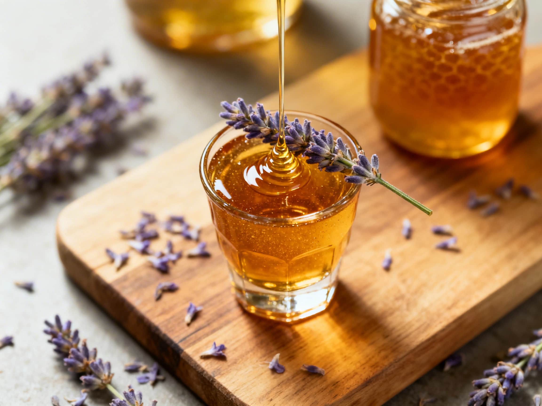 An elegant Lavender Honey Whiskey Shot in a small glass, featuring a rich amber liquid. It's garnished with a delicate sprig of fresh lavender and a thin, curled lemon peel, artfully arranged on a dark wooden surface. Soft, warm lighting enhances the whiskey's color and the vibrant garnishes, creating an inviting and refined atmosphere. The background is softly blurred, emphasizing the shot's luxu