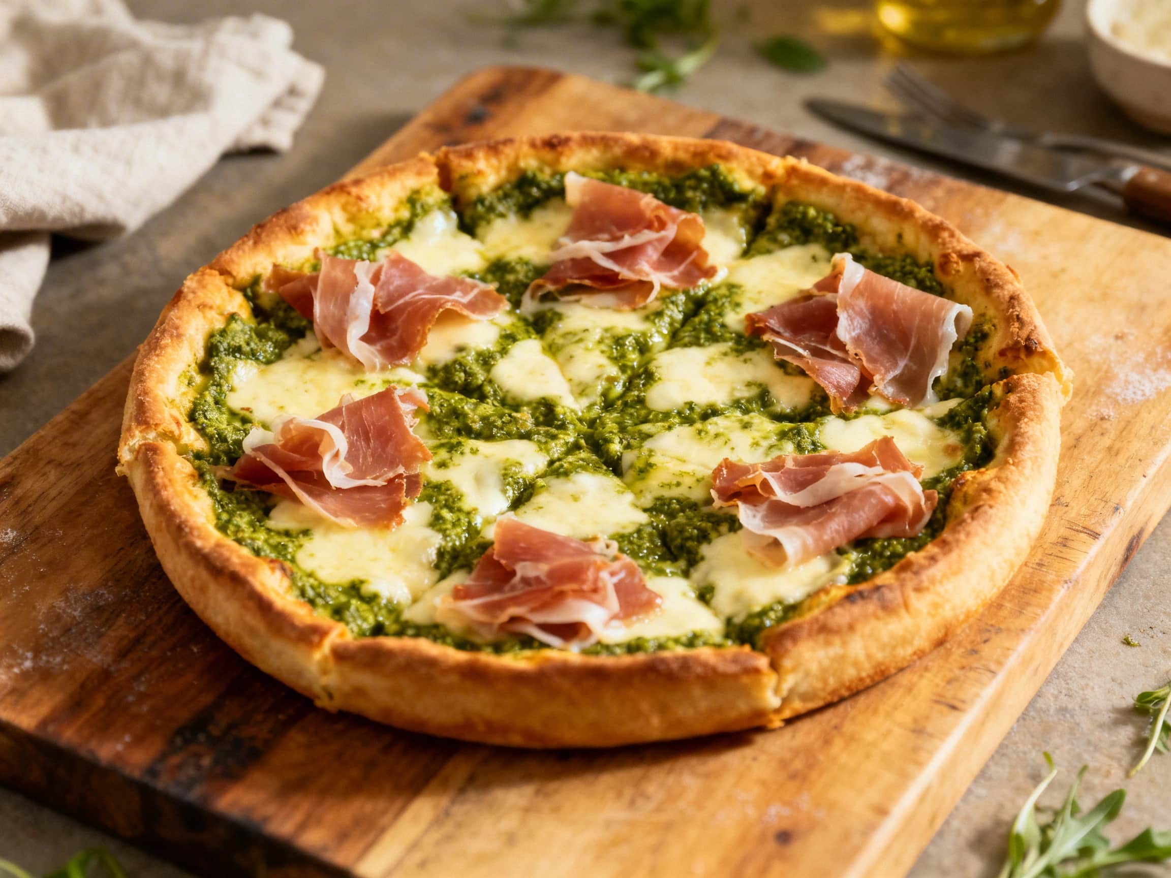 A close-up of a Pesto Prosciutto Chicago deep dish pizza. A thick, golden-brown crust with visible flaky layers holds a rich filling of bright green basil pesto, melted mozzarella cheese, and thinly sliced prosciutto. A piece has been cut and slightly pulled away, showcasing the gooey, cheesy interior. The pizza rests on a wooden serving board, garnished with fresh basil, creating an irresistible
