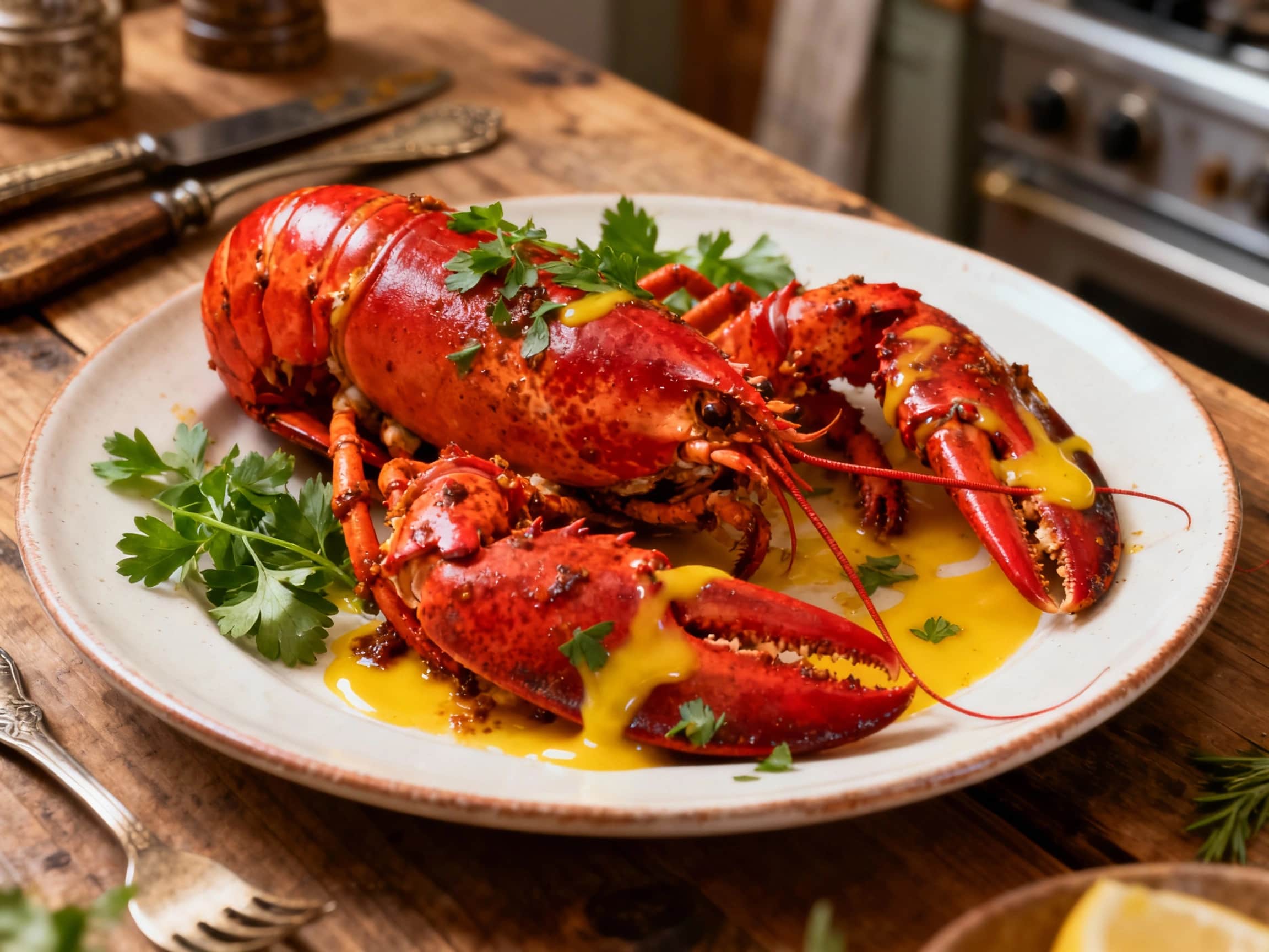 Plump, bright red boiled lobsters glistening with oil are arranged on a platter, dusted with Cajun spices and fresh parsley, ready to be cracked open and enjoyed.